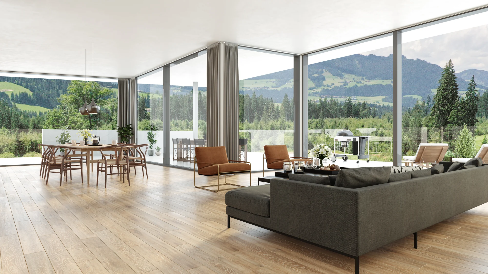 3D interior rendering of a living room with an alpine view, Austria