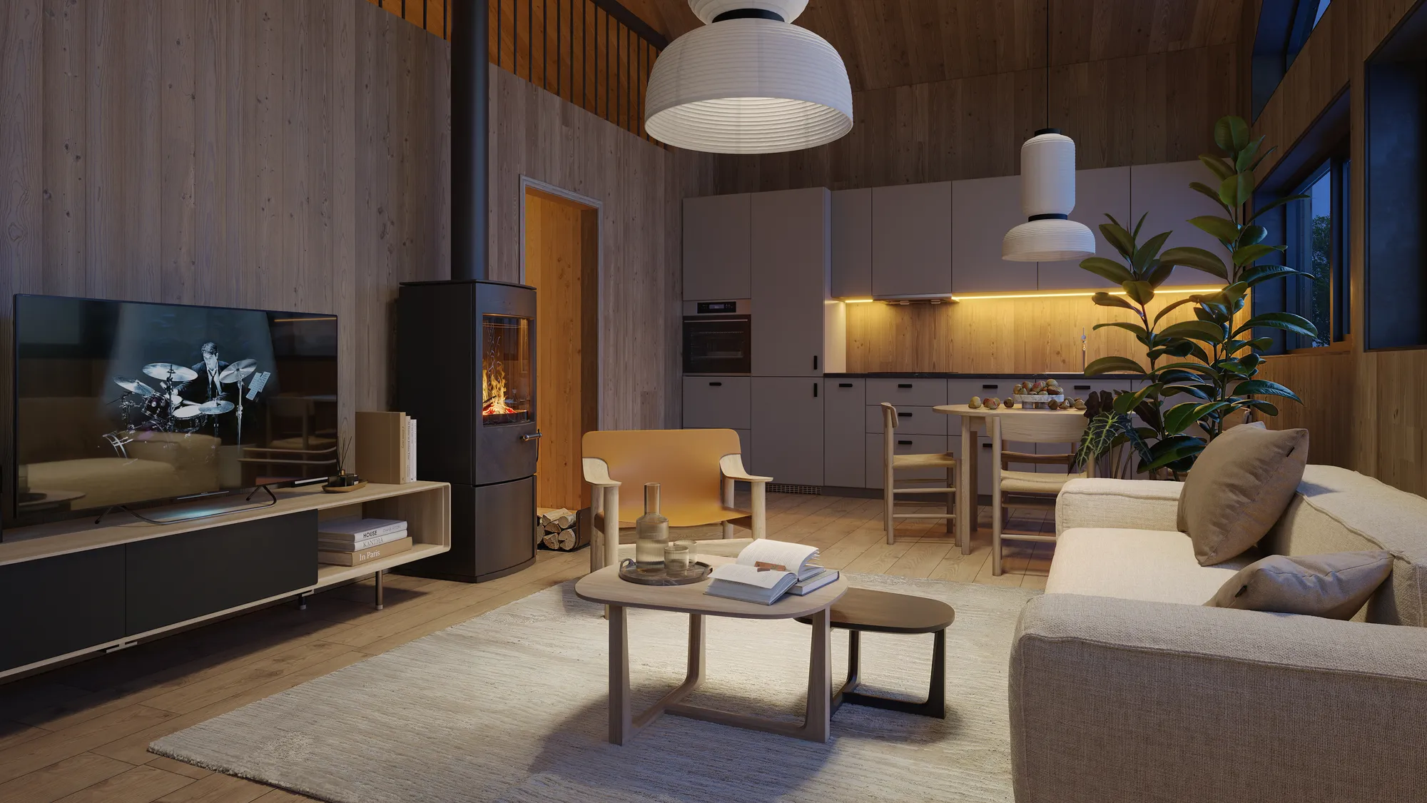 Material-rich living room interior render under real daylight, Norway