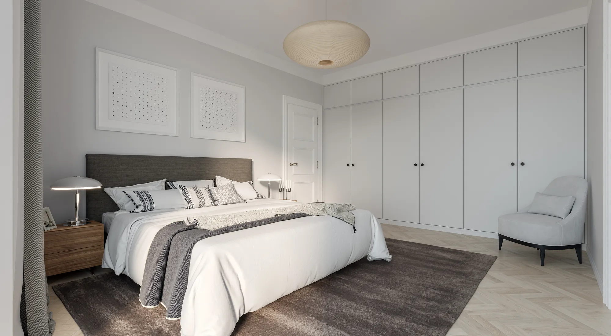 3D interior rendering of a bedroom with fitted wardrobes, Finland