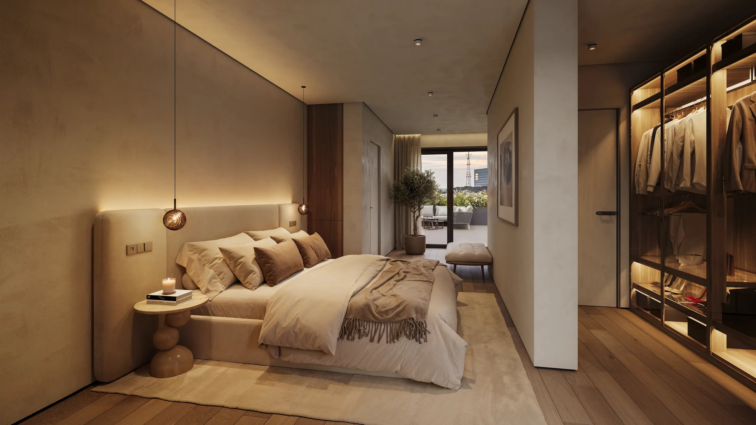 Photoreal 3D interior render of a warm oak kitchen in morning light, Estonia