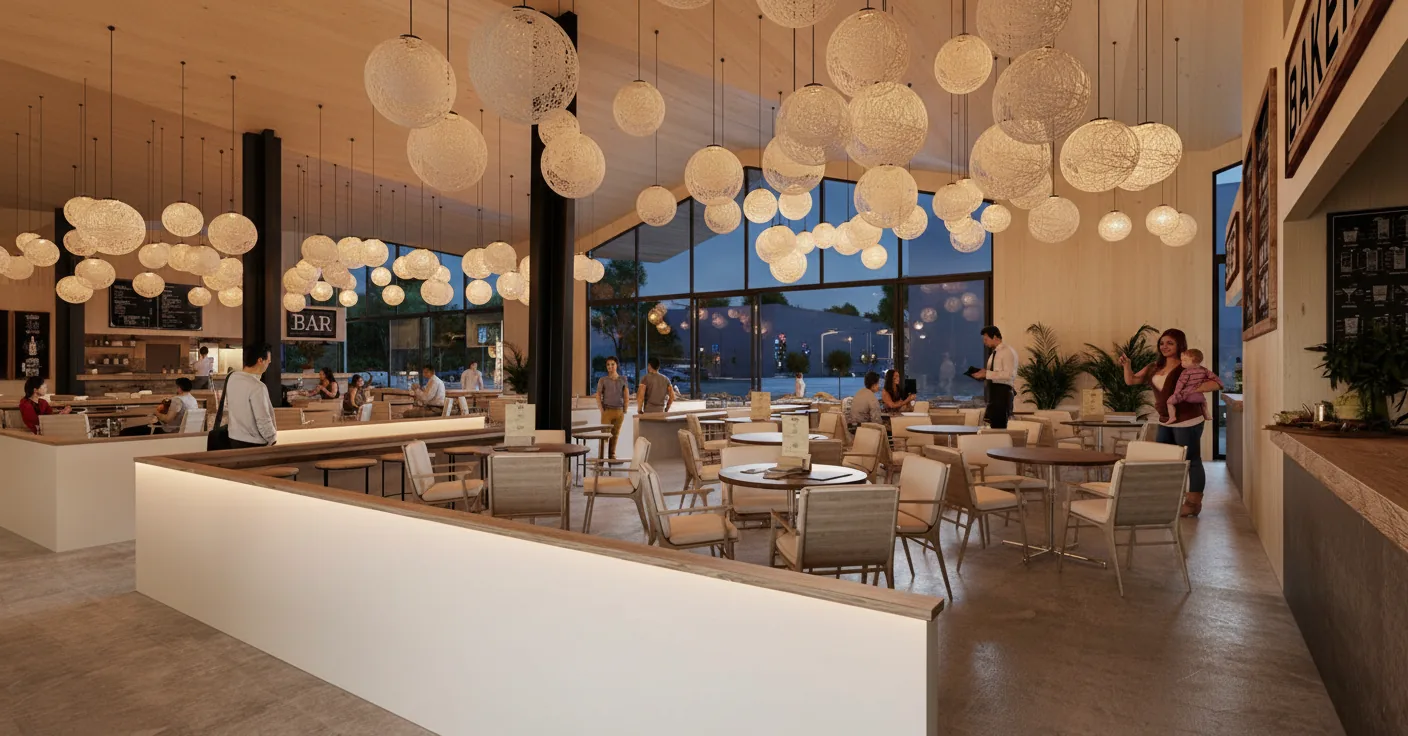 The delivered market-hall interior in evening light, fully dressed