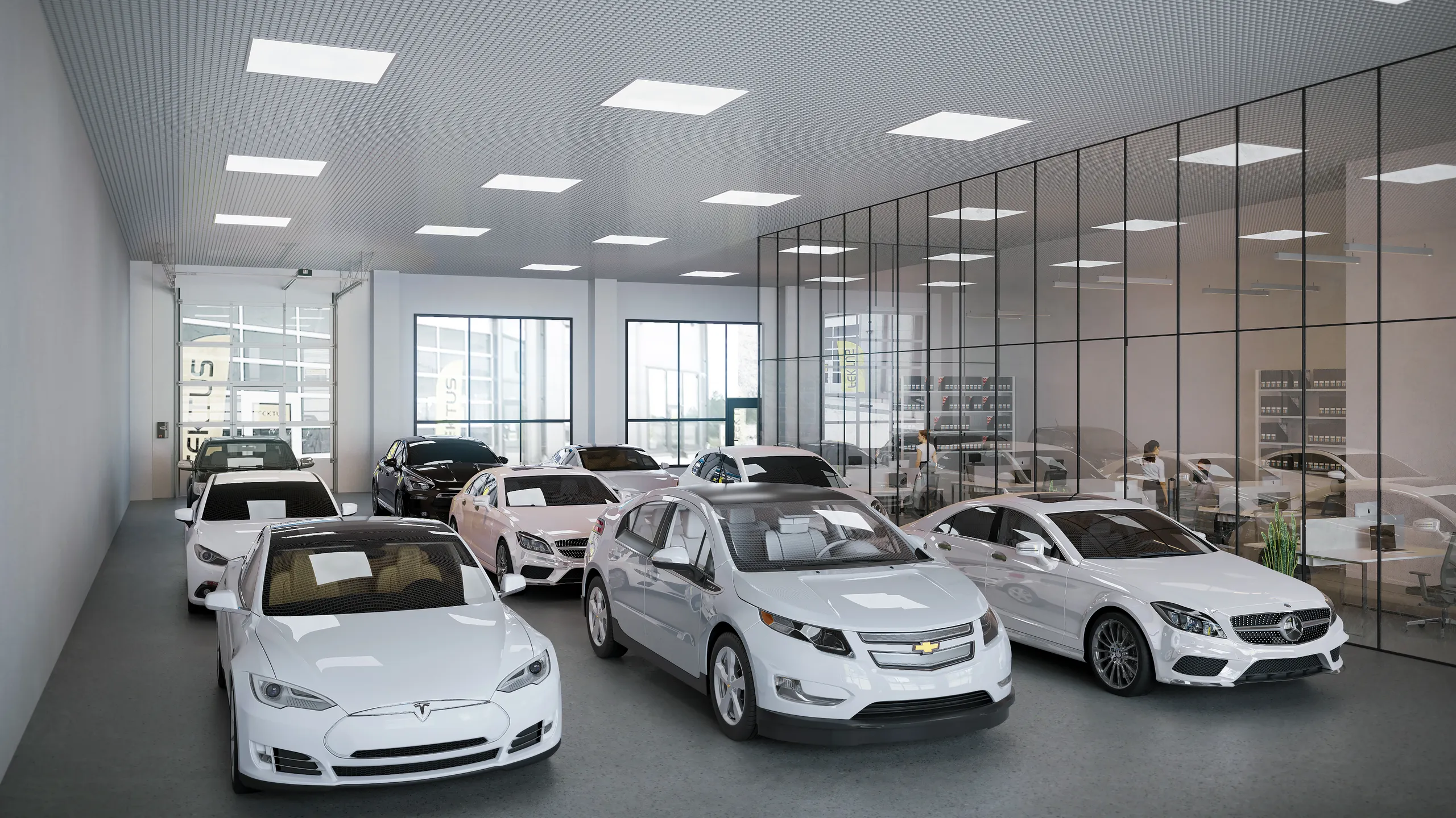 3D interior rendering of a car showroom with glazed walls, Finland
