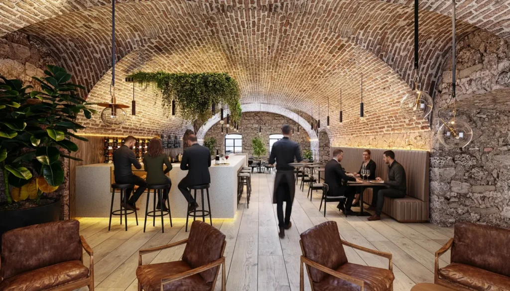 3D interior rendering of a bar in a vaulted brick cellar with guests at the counter, Estonia