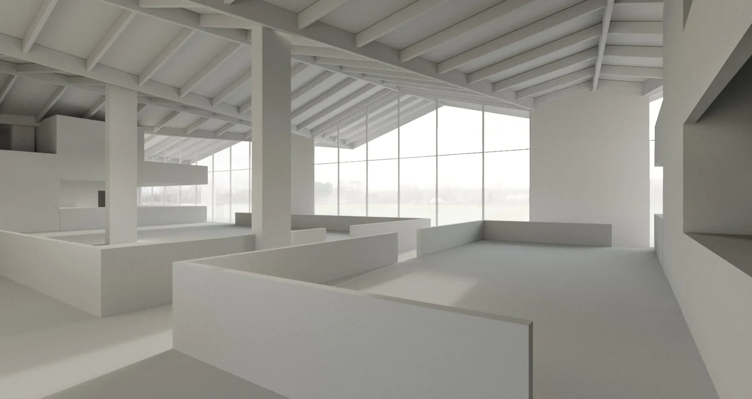 Grey clay model of a market-hall interior, used to approve the camera angle