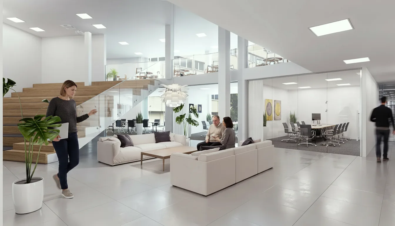 Office and workplace interior render, Heikkiläntie 7, Finland