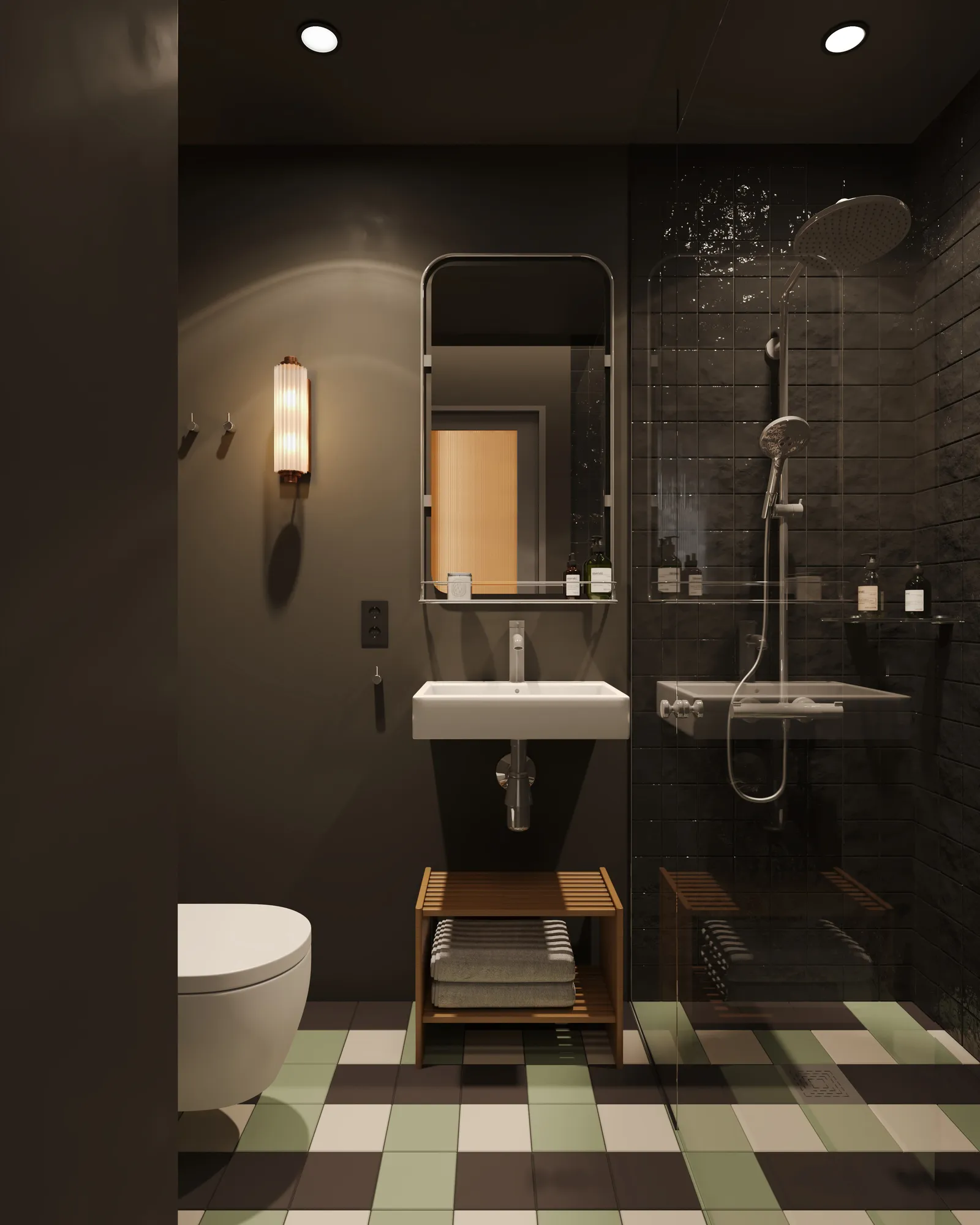 3D-Innenrendering eines Hotelbadezimmers mit Schachbrettmusterboden und dunklen Möbeln, Estland