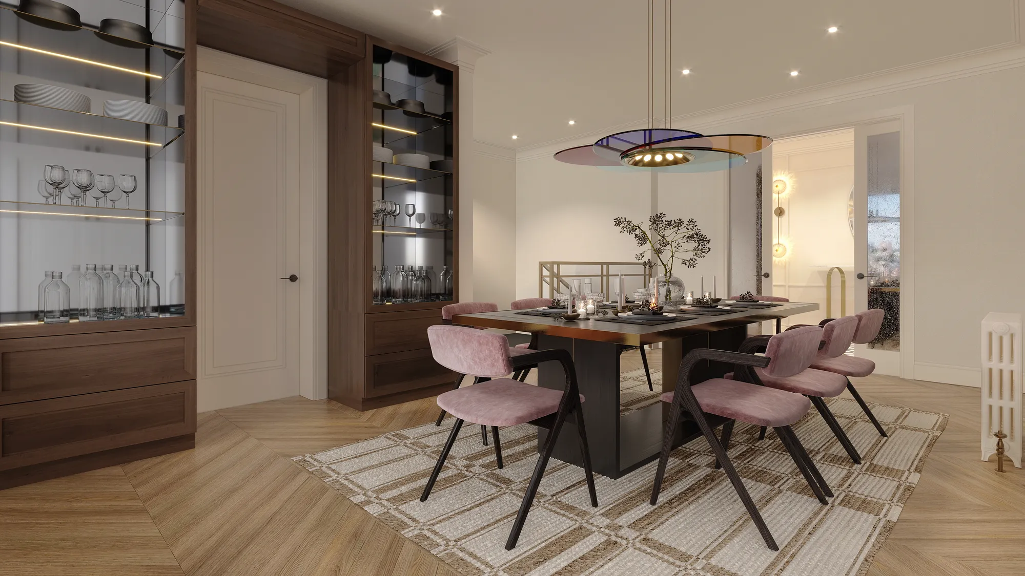 3D interior rendering of a dining room with a drinks cabinet, London