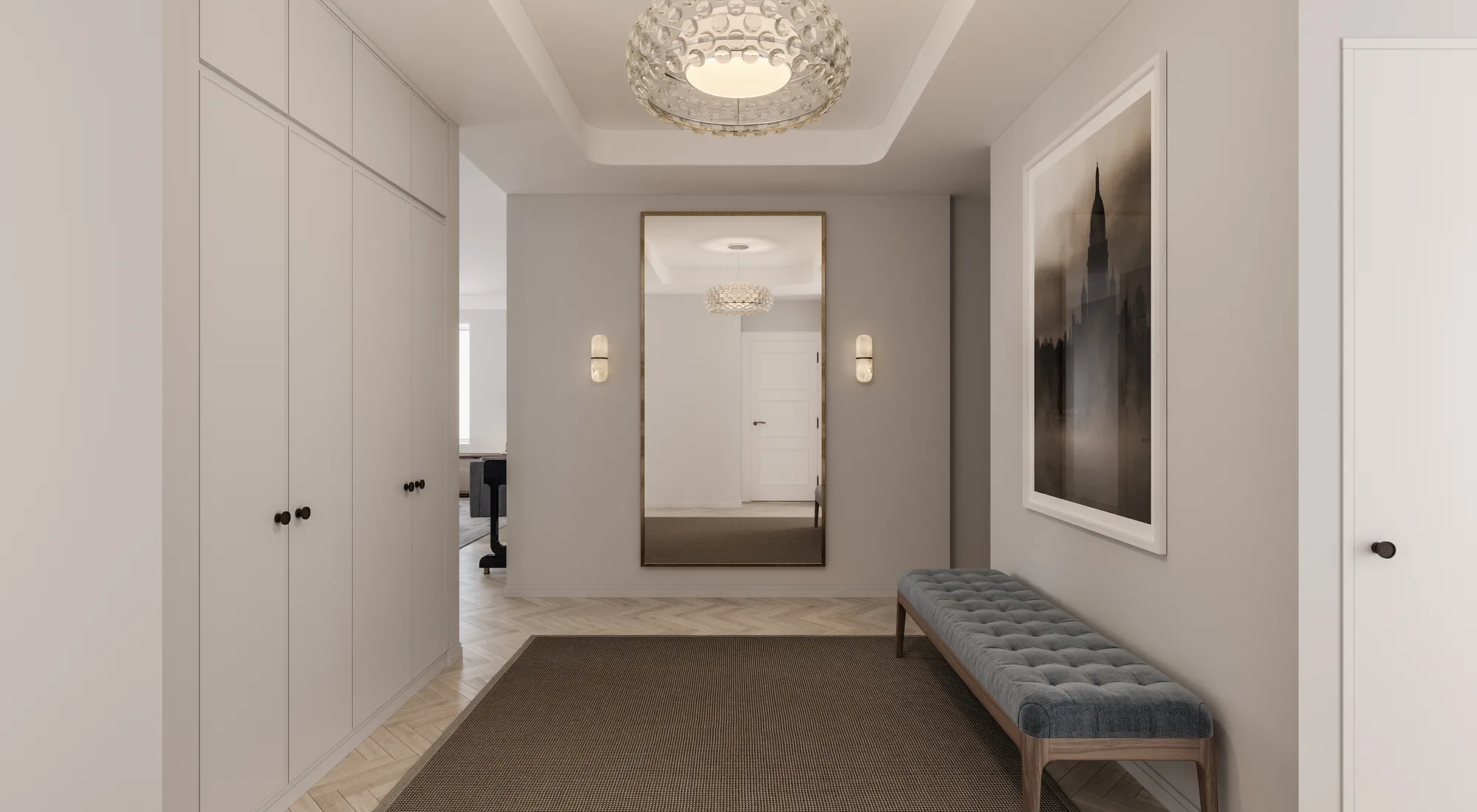Hall de entrada renderizado en 3D con un espejo alto, un banco, apliques de pared y una gran obra de arte enmarcada, Finlandia
