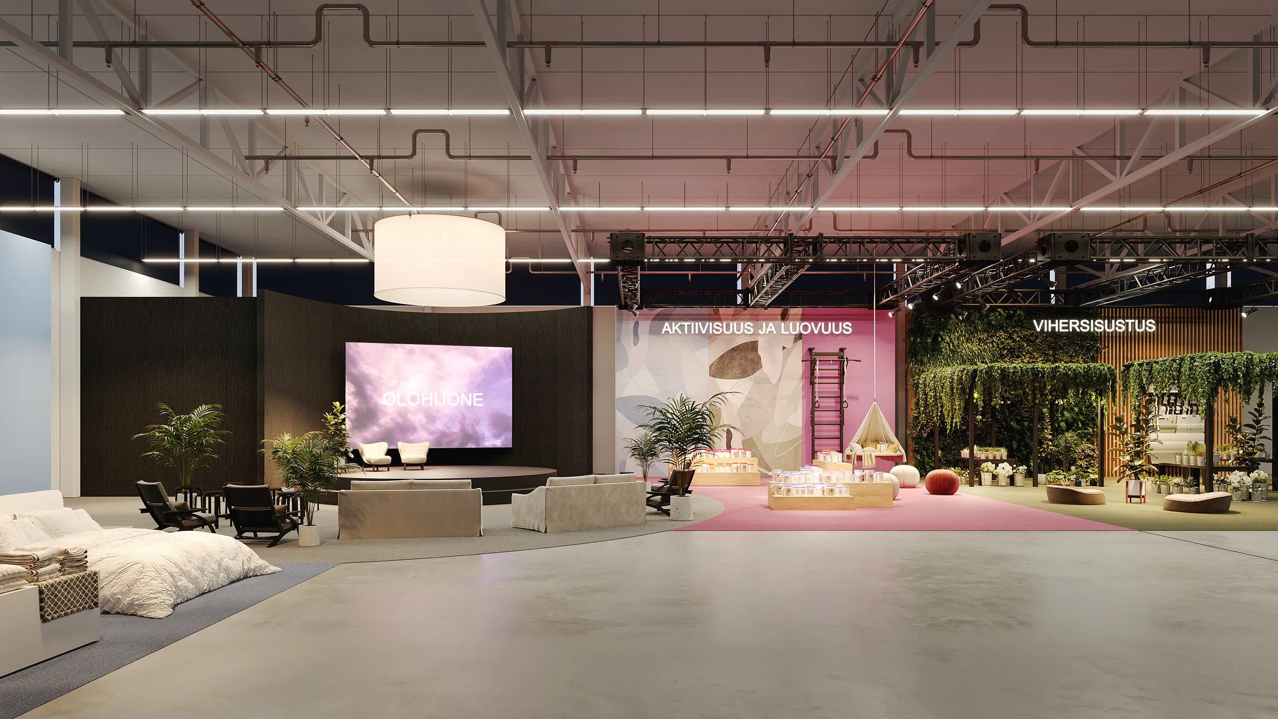 3D interior rendering of a trade-fair exhibition stand with a large screen, lounge seating and planters in an industrial hall, Finland