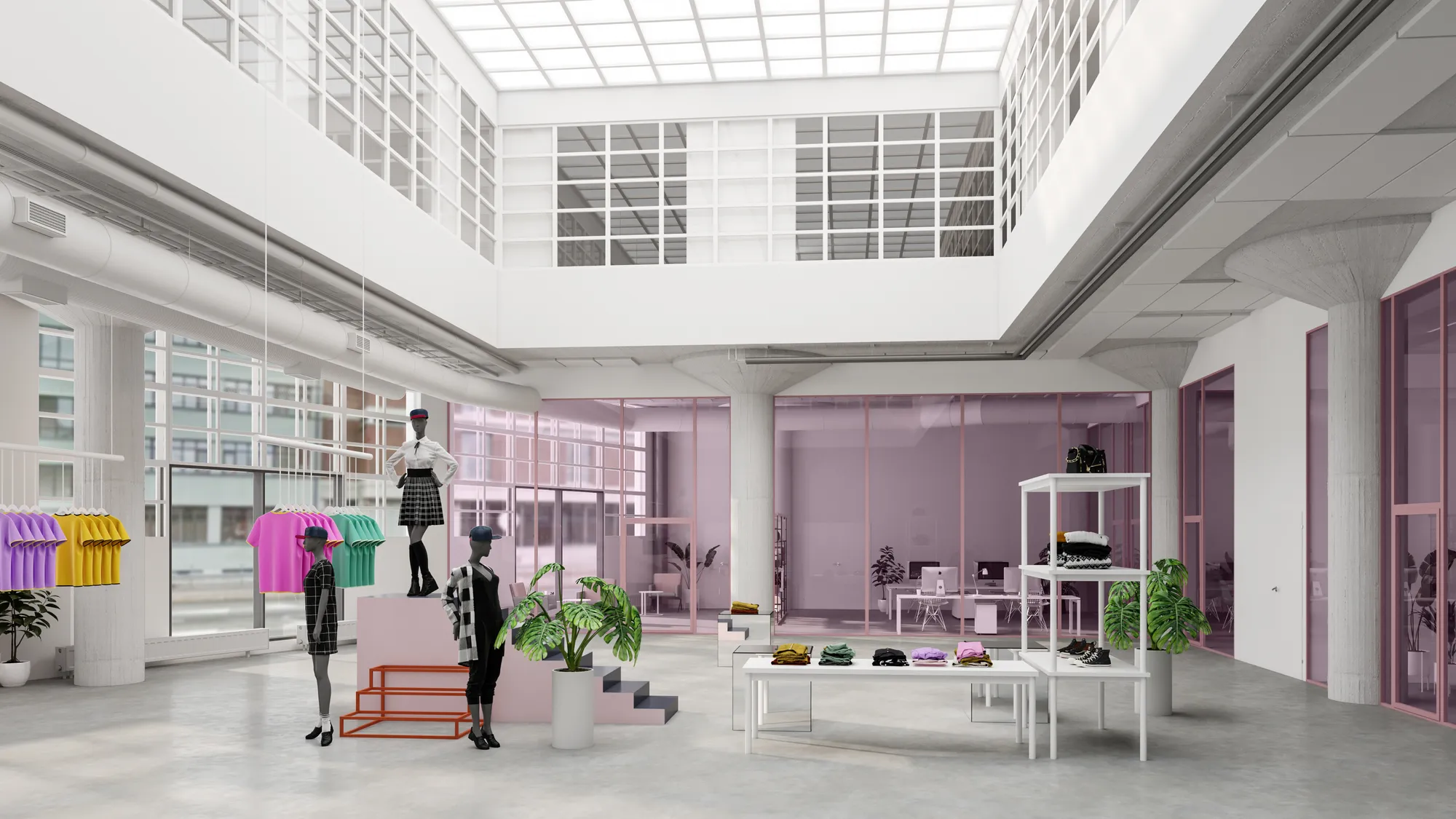 3D interior rendering of a fashion showroom under a glazed roof with clothing rails, mannequins and pink glass partitions, Finland