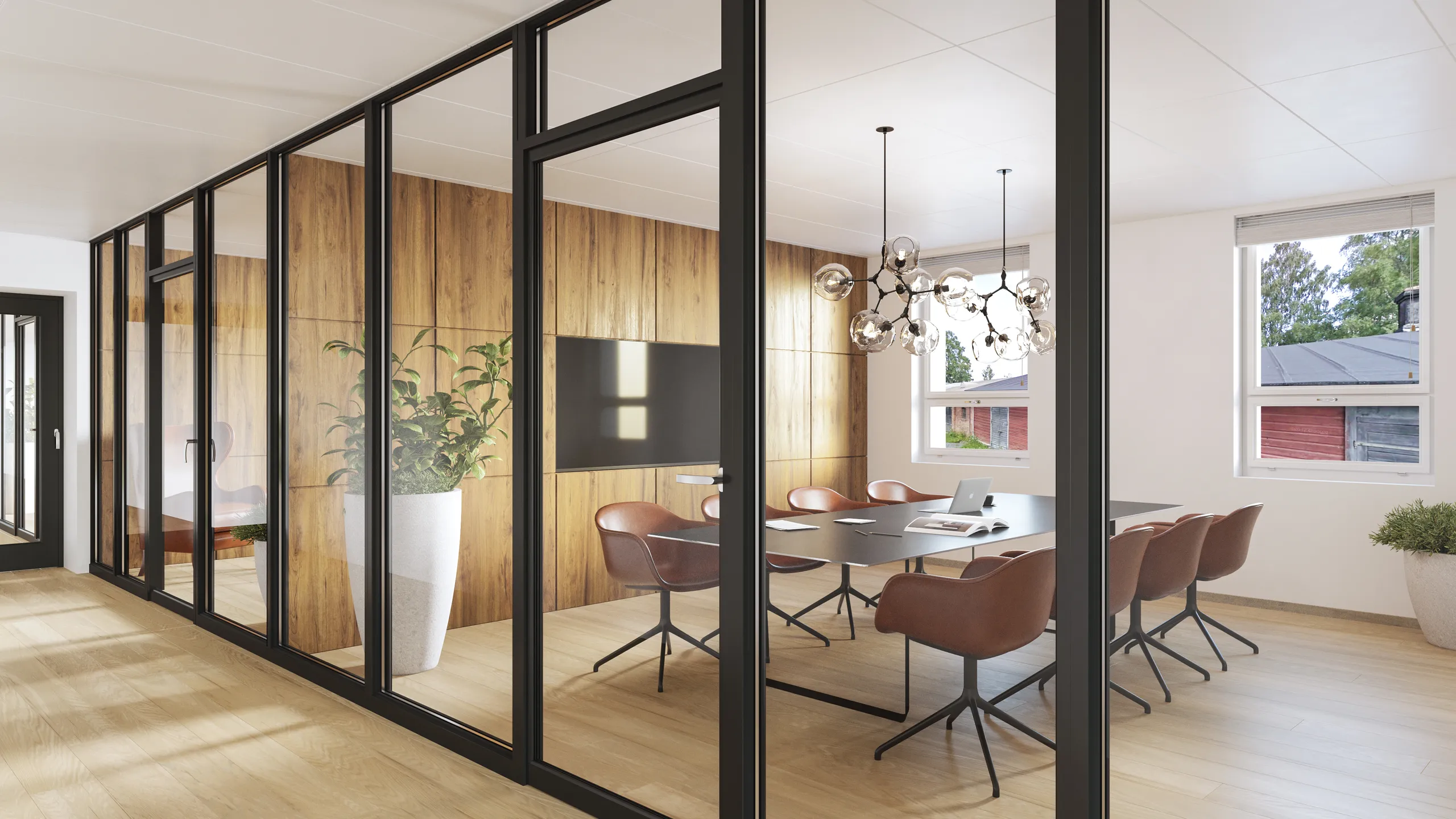 Sala de reuniones renderizada en 3D detrás de un tabique de cristal con marco negro, con revestimiento de madera y una mesa con sillas de terracota, Finlandia