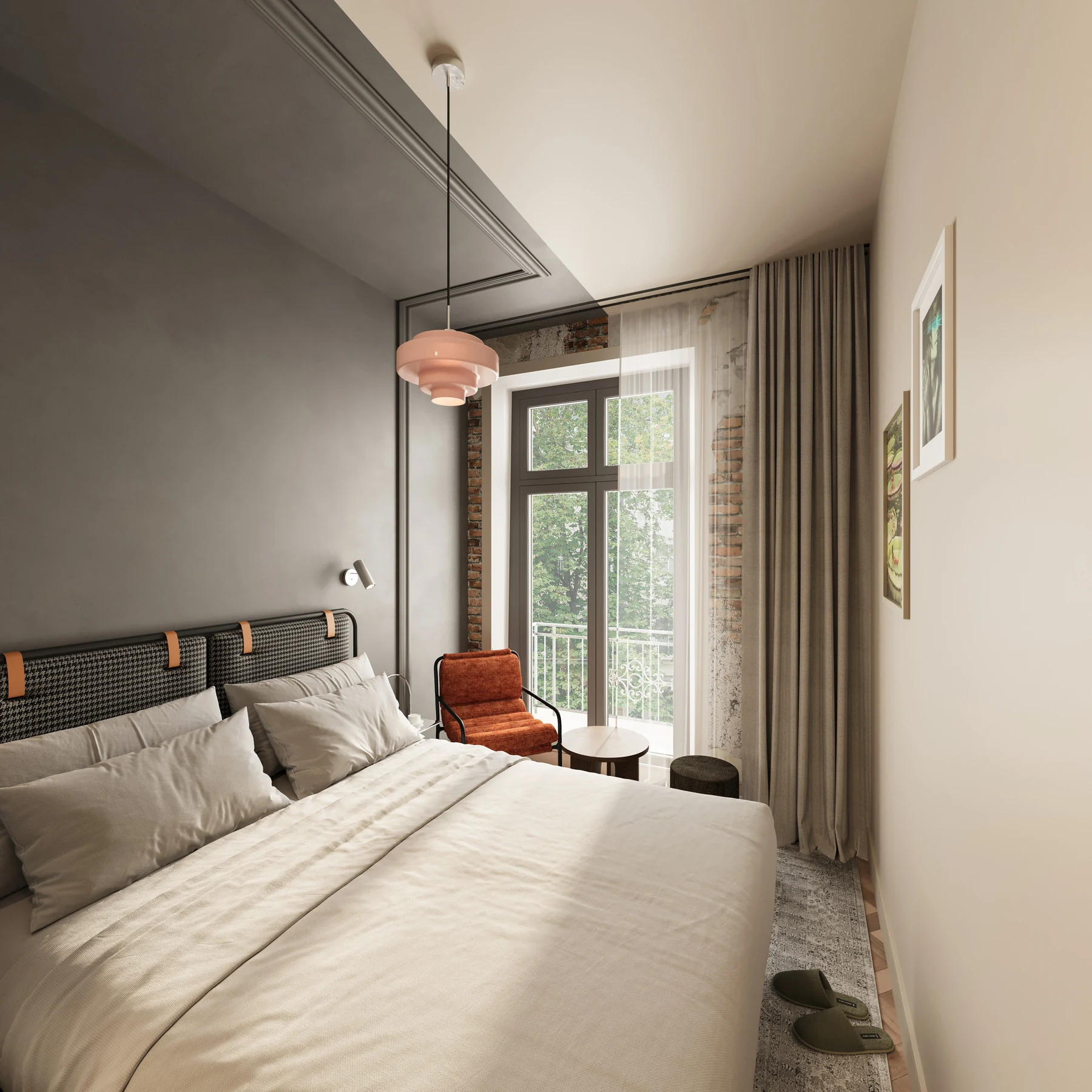 3D interior rendering of a hotel bedroom with French doors opening onto a balcony