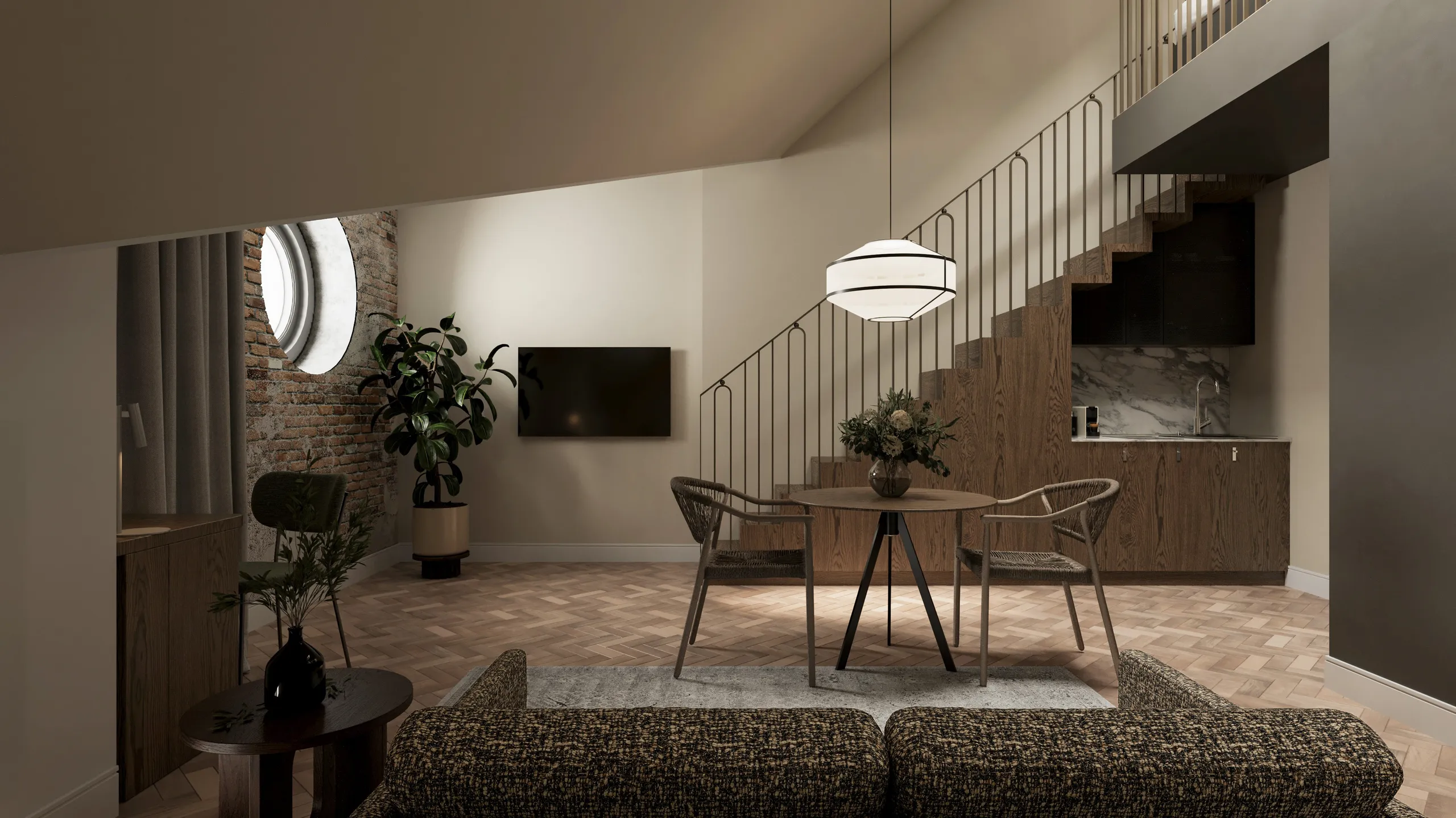 3D interior rendering of a hotel suite living area, Estonia