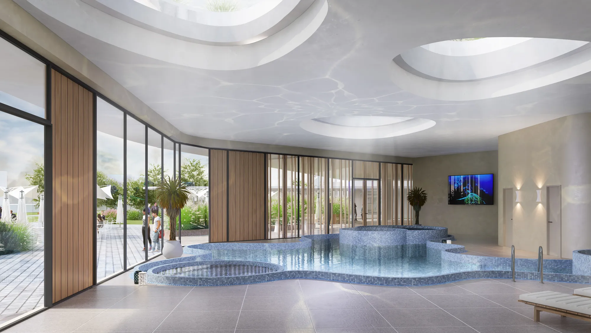 3D interior rendering of an indoor pool and spa under a curved ceiling, Estonia