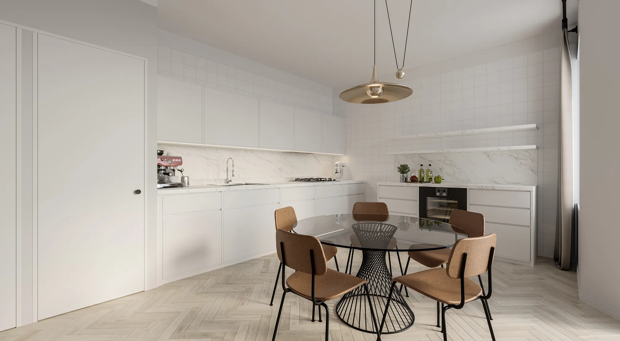 3D interior rendering of a white kitchen and dining space, Finland