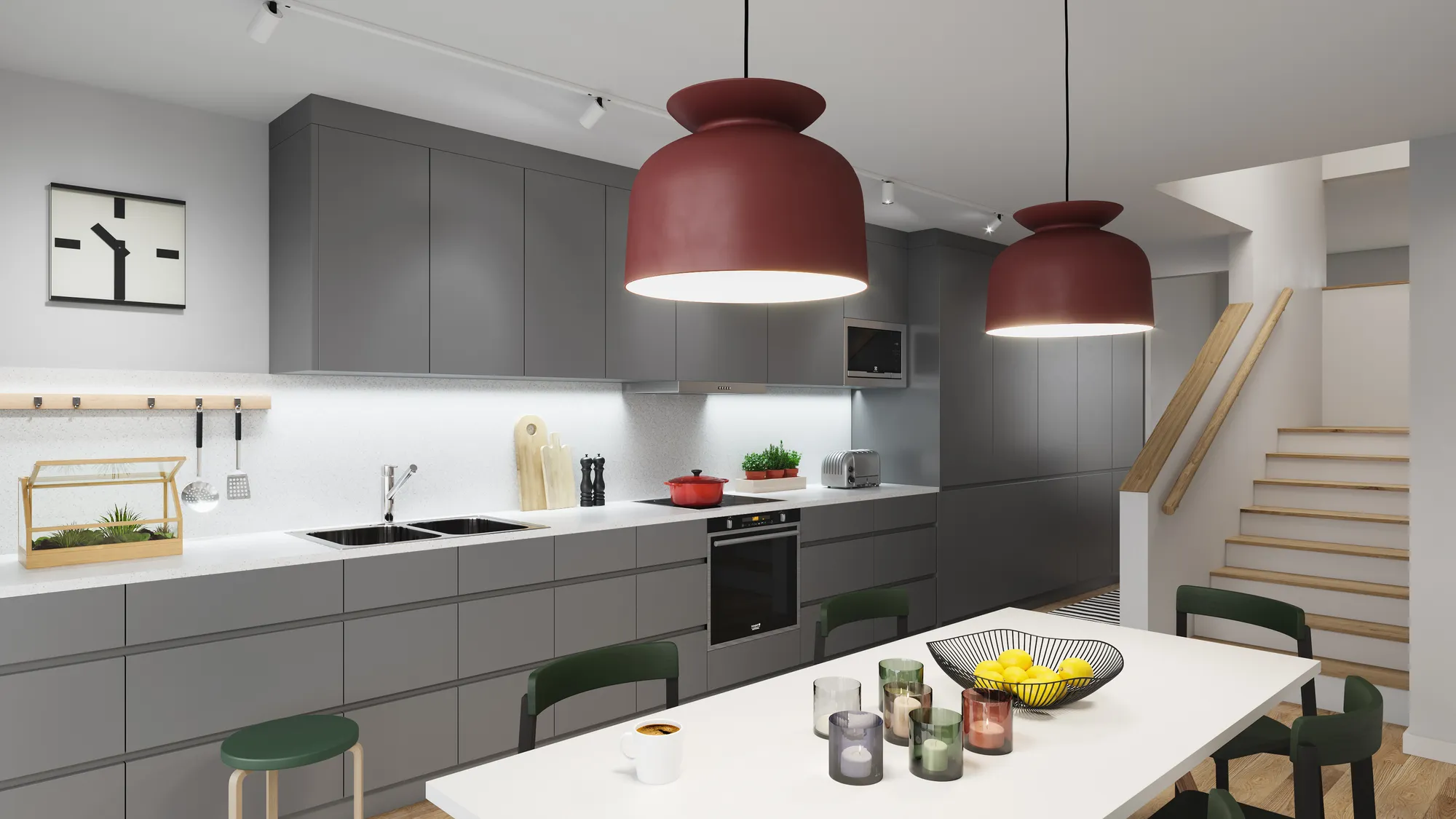 3D interior rendering of a grey kitchen with red pendant lights, Sweden