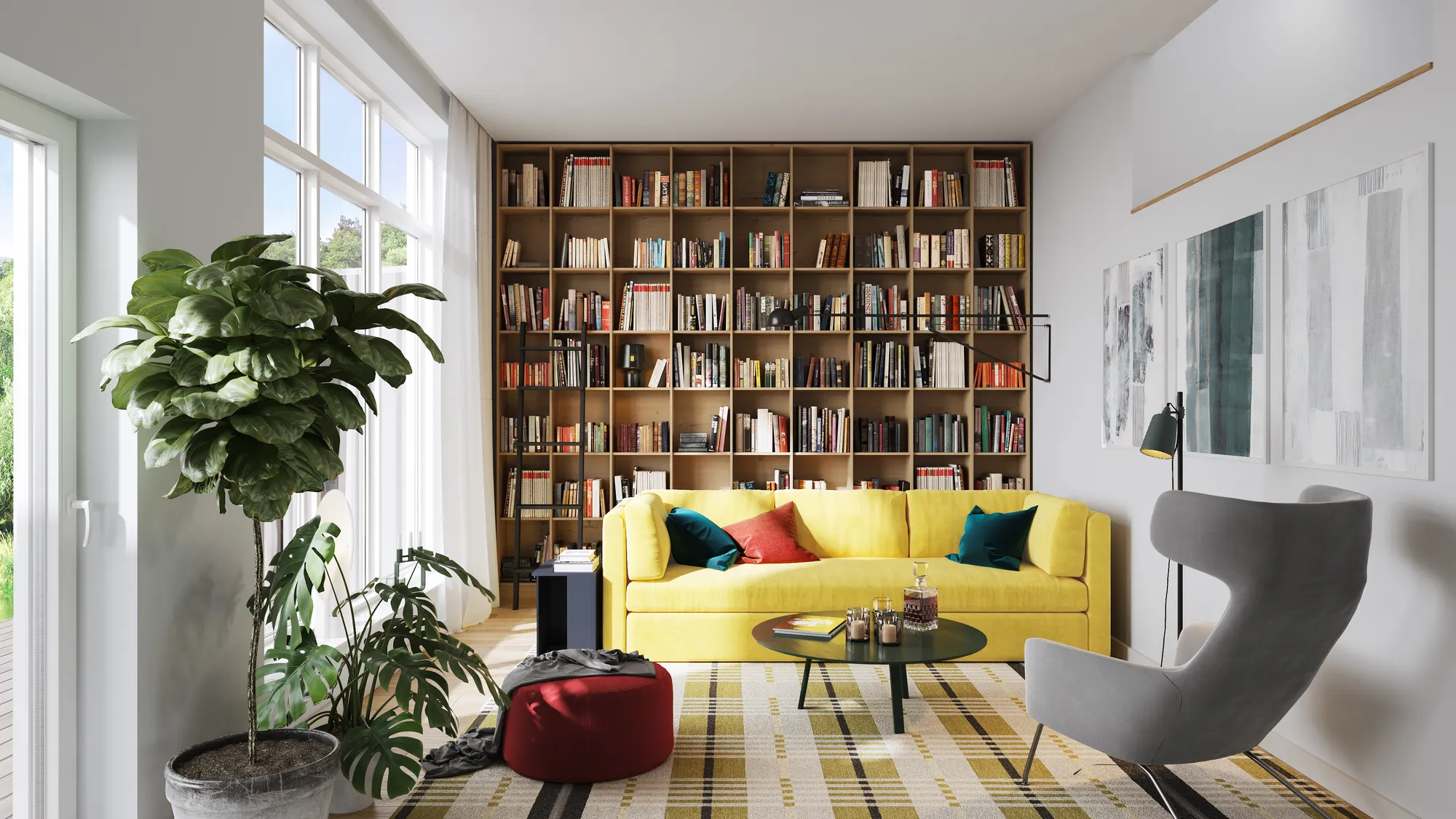 3D interior rendering of a library and living room in a residential scheme, Sweden