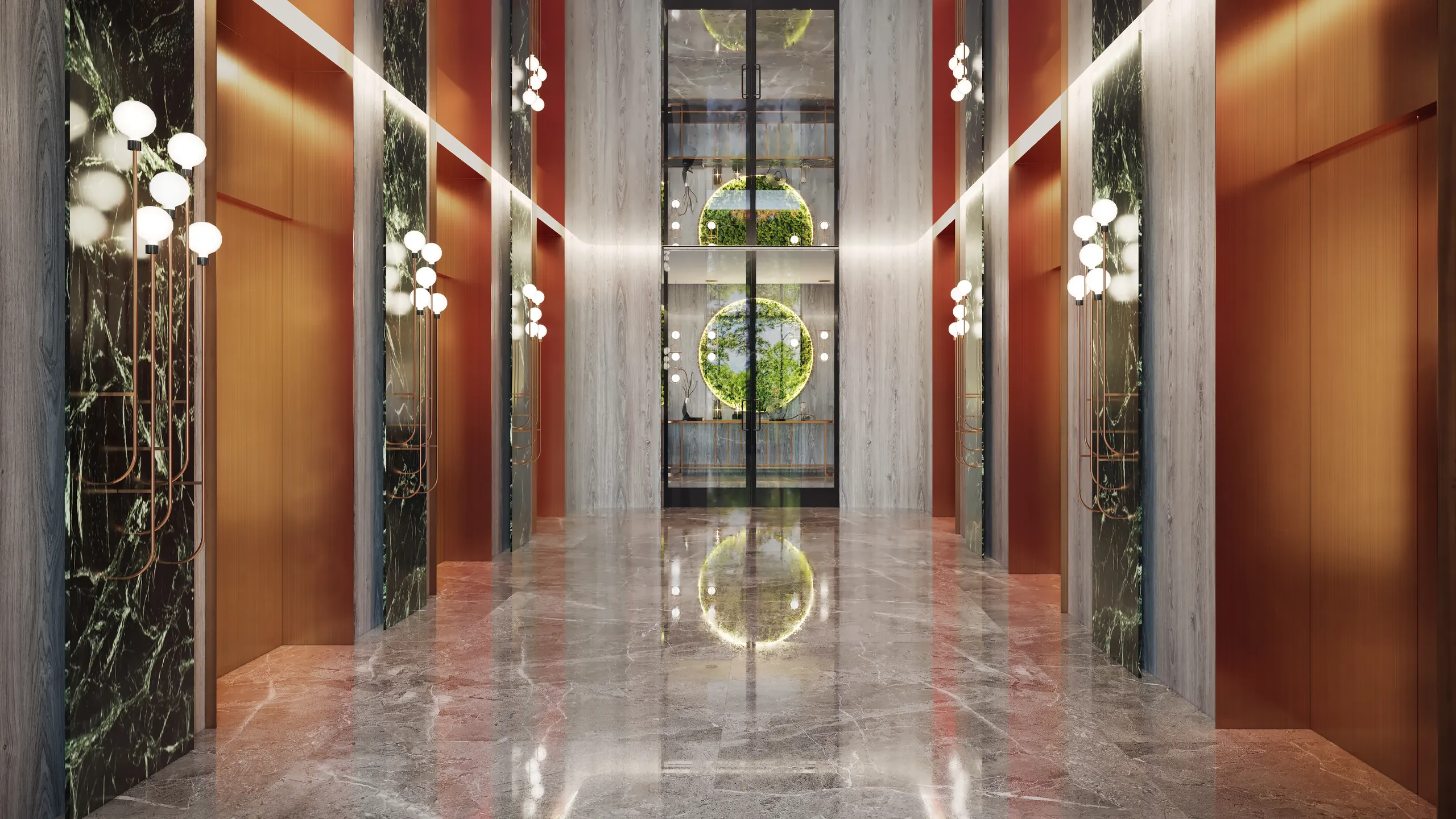 3D interior rendering of a lift lobby in marble and bronze, Estonia