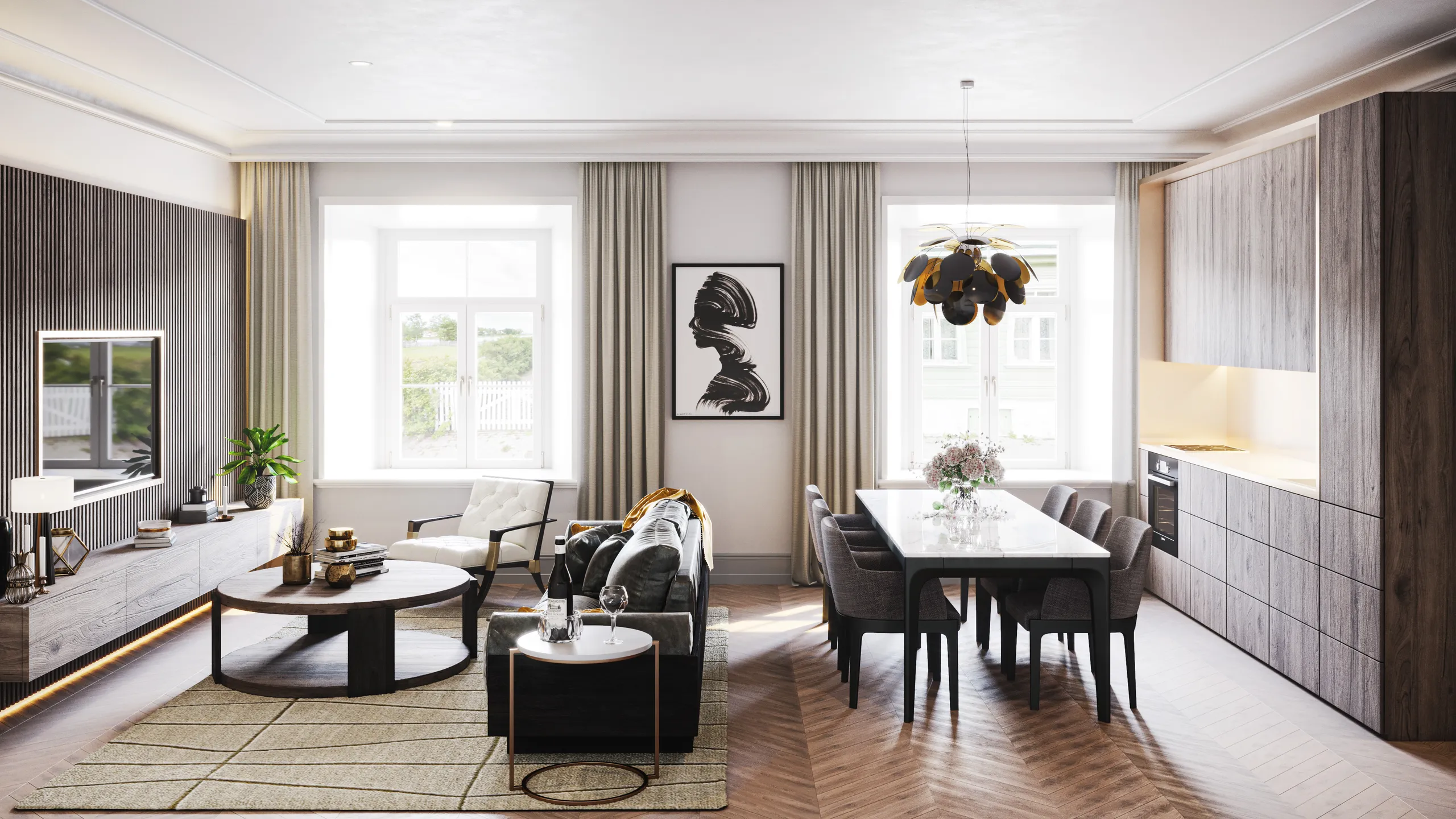 3D interior rendering of a pale-palette living and dining scheme, Estonia