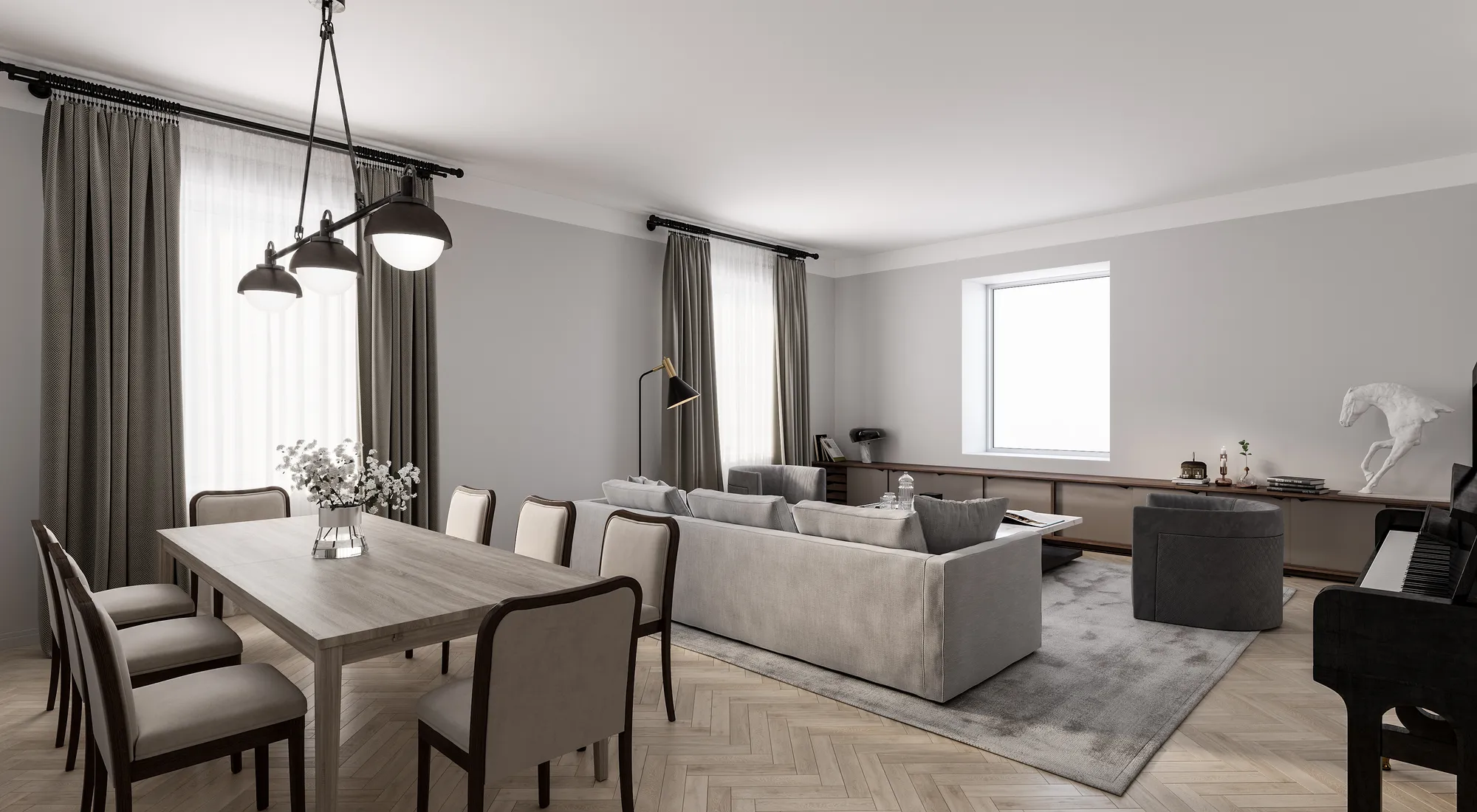 3D interior rendering of a living and dining space with a piano, Finland