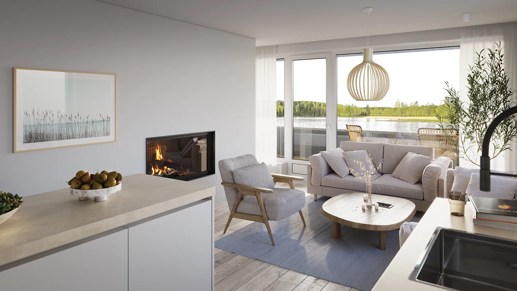 Show apartment living room and kitchen with a fireplace