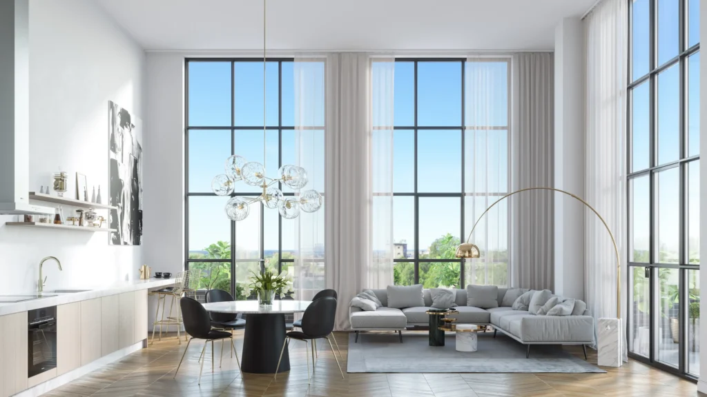 3D interior rendering of an open living room and kitchen with full-height windows and an arc floor lamp, Estonia