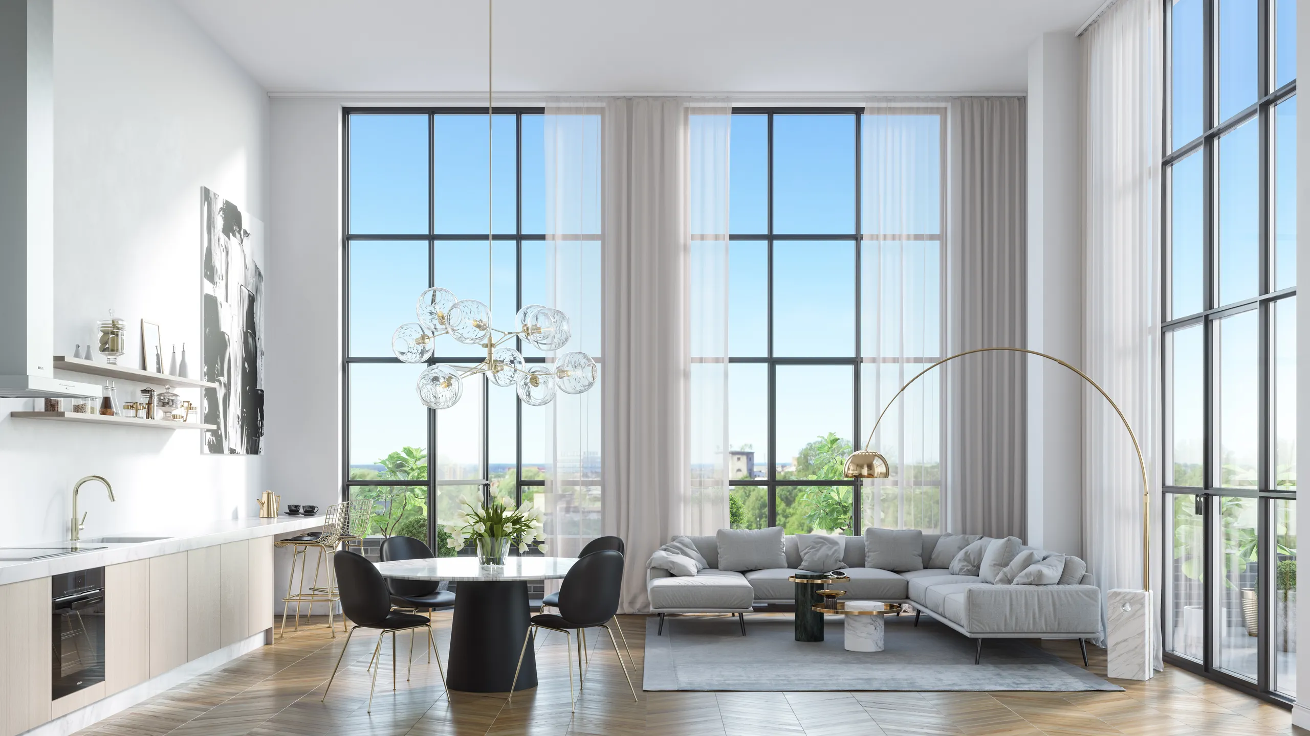 3D interior rendering of an open-plan living and kitchen scheme with tall windows, Estonia