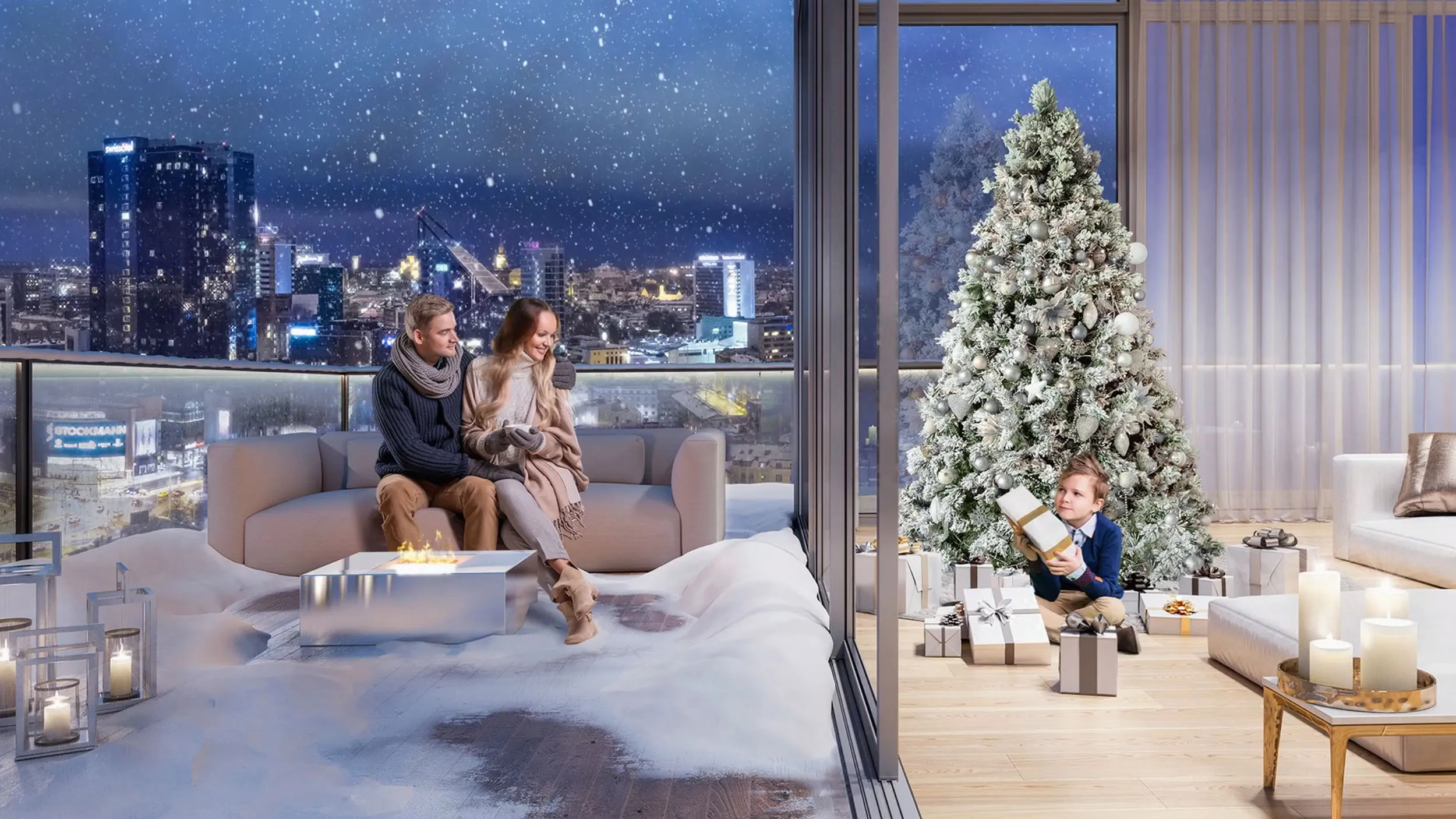 A furnished living room at night with the city lights beyond the window, Estonia