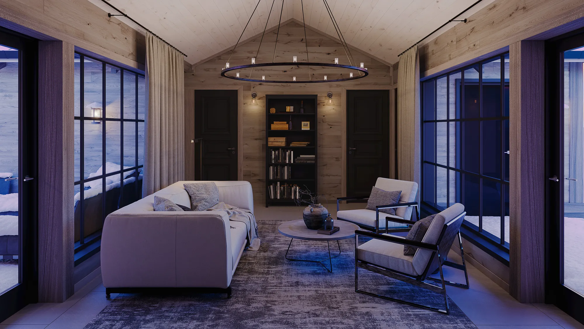 Interior rendering of a living room at night under a vaulted ceiling