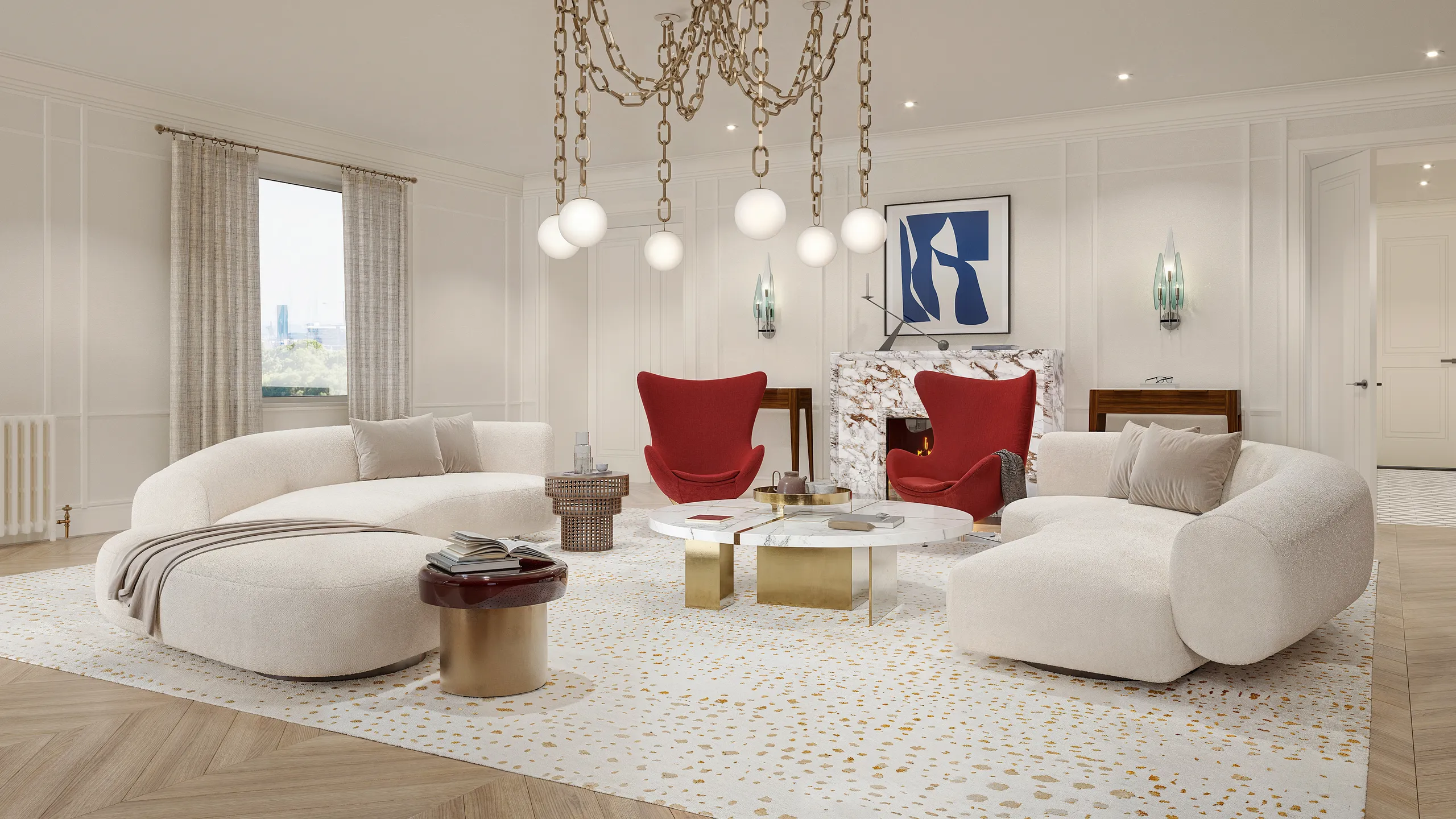 3D interior rendering of a white panelled living room with two red armchairs, London
