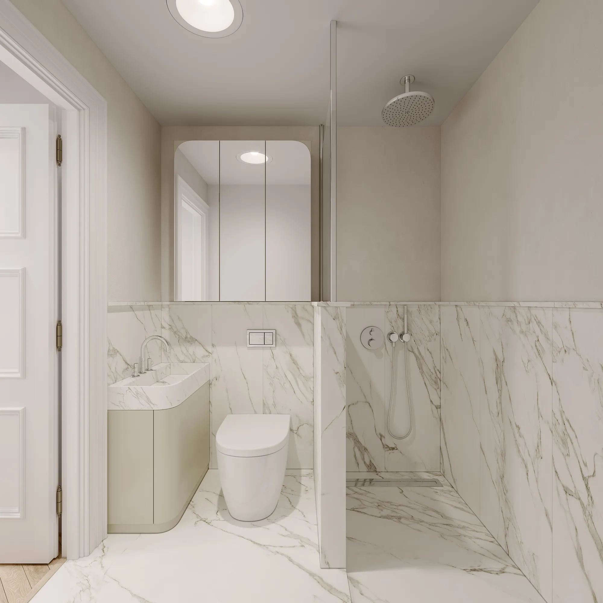 3D interior rendering of a marble bathroom with a walk-in shower, Finland