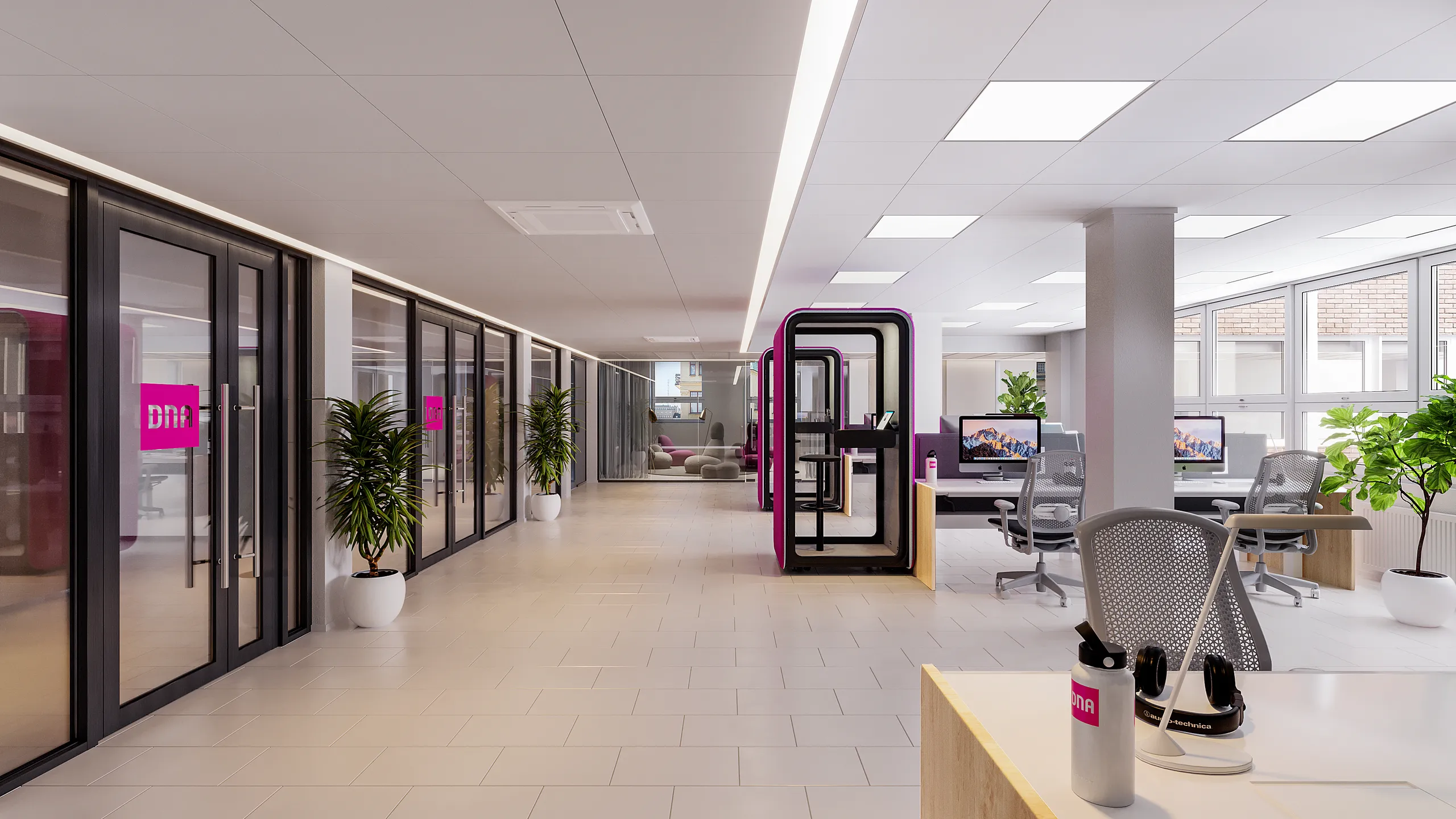 3D interior rendering of a long open-plan office corridor with glazed meeting rooms and a phone booth, Finland
