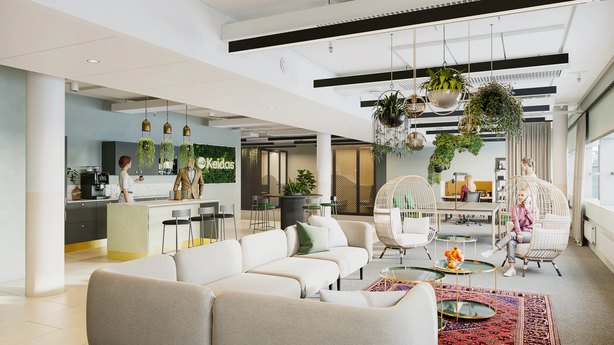 3D interior rendering of an office lounge and kitchen with white sofas, hanging plants and egg chairs beside a coffee counter, Finland