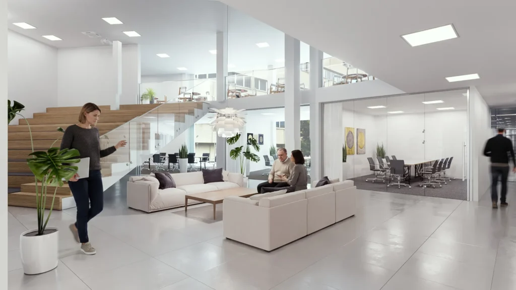 3D interior rendering of an office lounge with a timber staircase, glass meeting rooms and people working, Finland