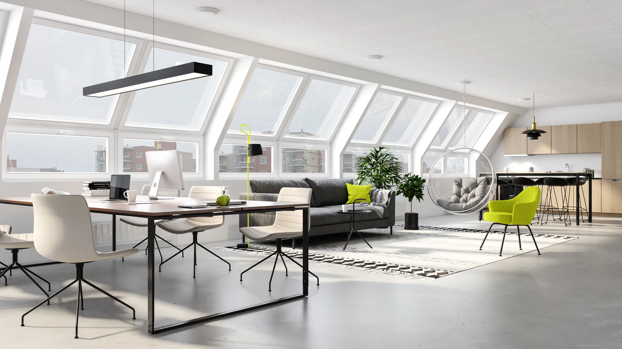 3D interior rendering of an office under a glazed roof, Finland