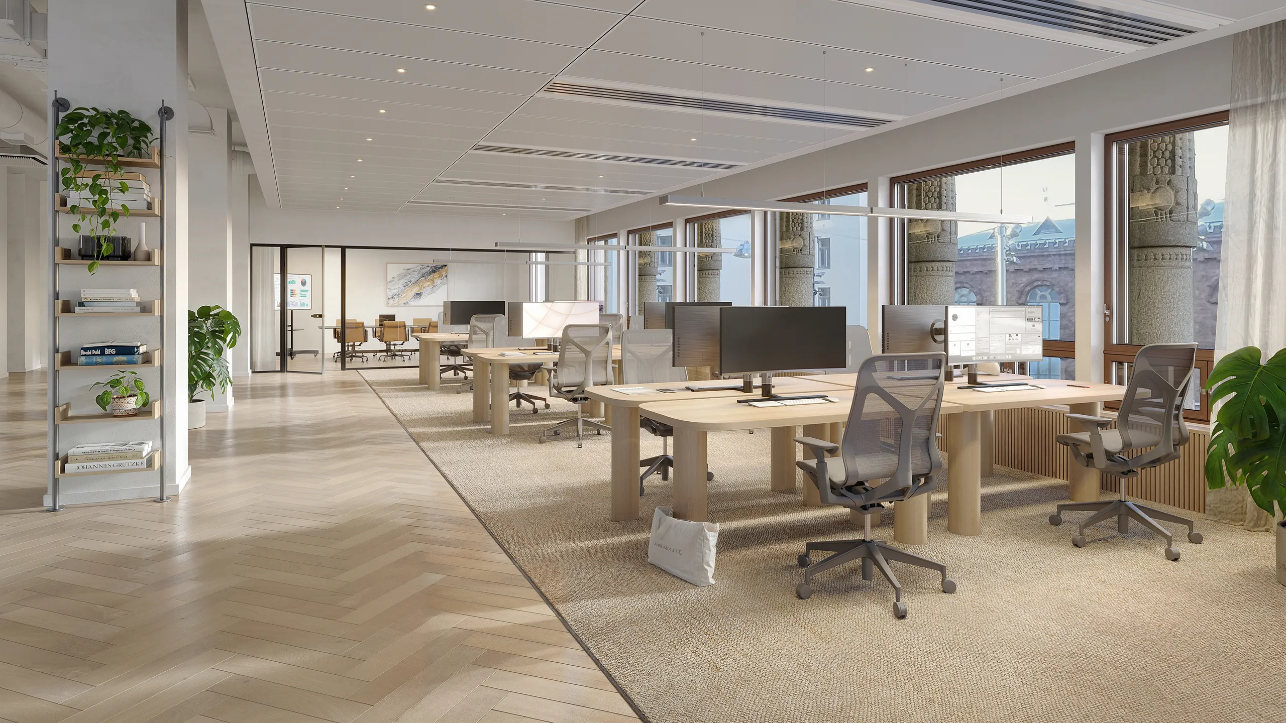 3D render of an open-plan office with timber desks and a herringbone floor in daylight, Finland