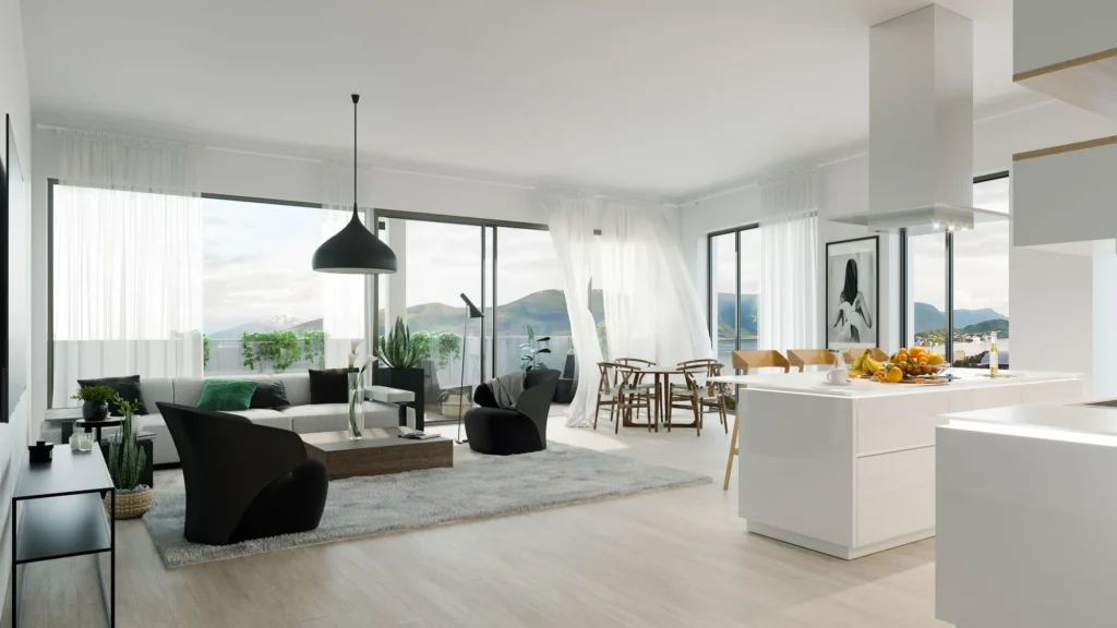 3D interior rendering of an open-plan living room and kitchen opening onto a balcony, Norway