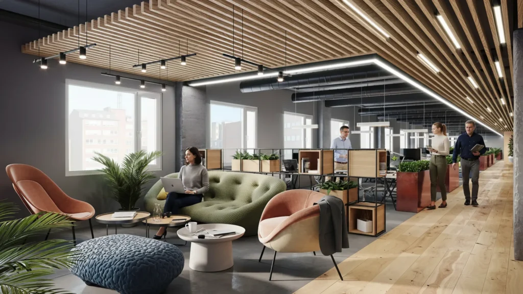 3D interior rendering of an open-plan office with a timber slatted ceiling, breakout lounge seating and desk pods, Finland