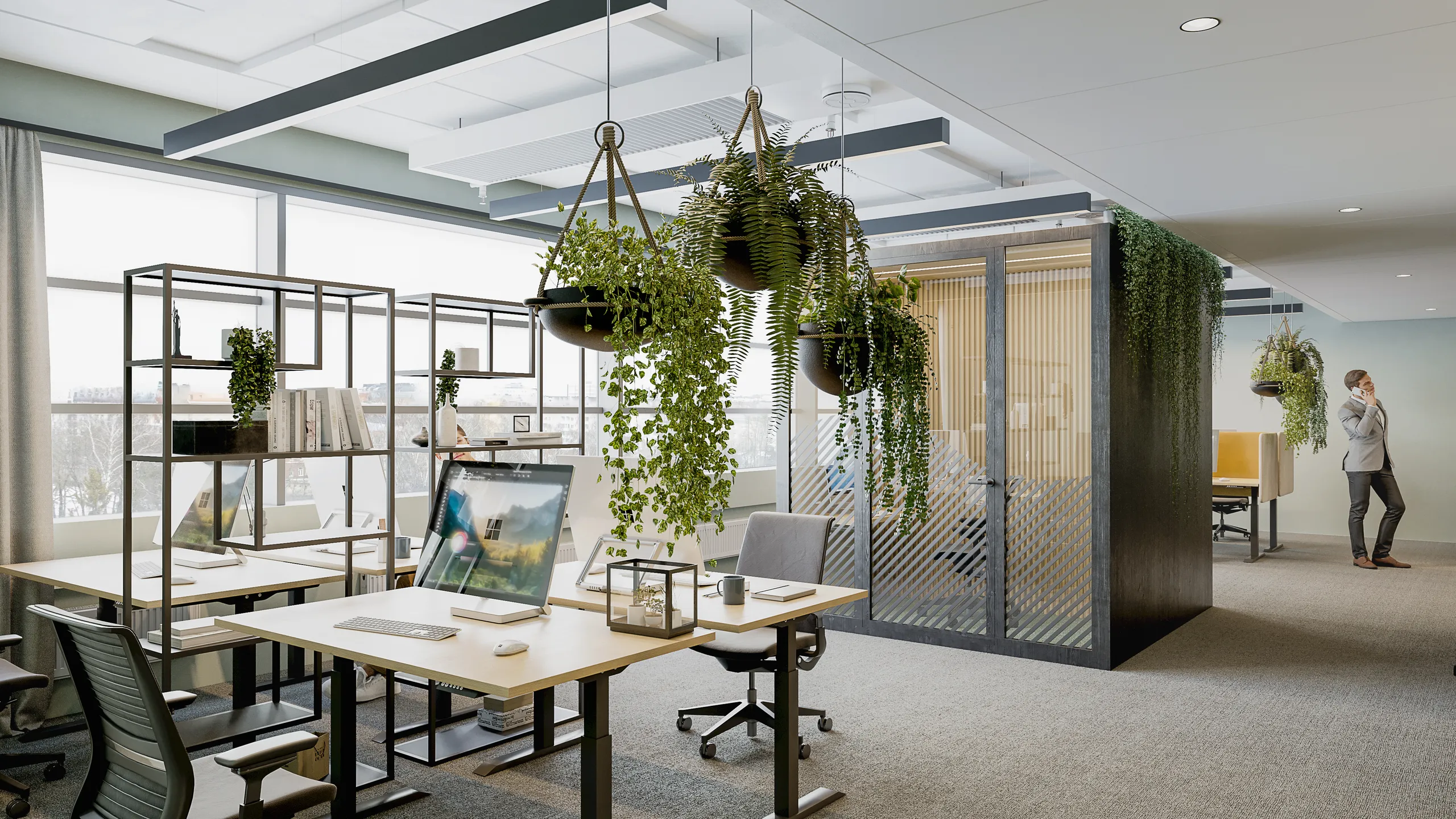 3D interior rendering of an open-plan office with heavy planting, Finland