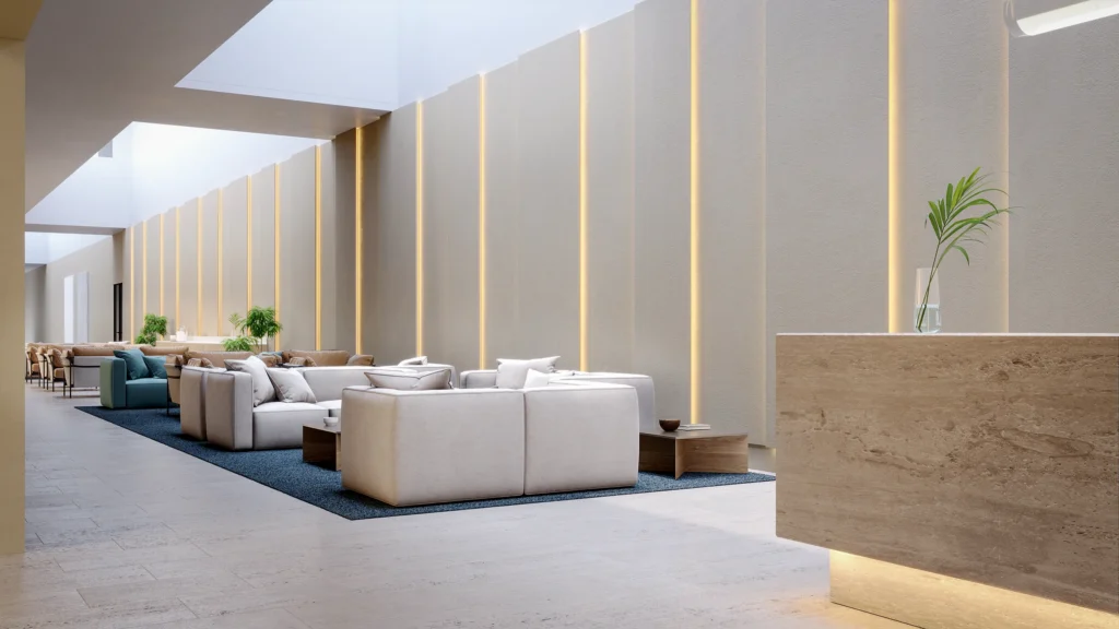 3D interior rendering of a reception lounge with cream sofas, gold-lined wall panels and a travertine desk, Finland