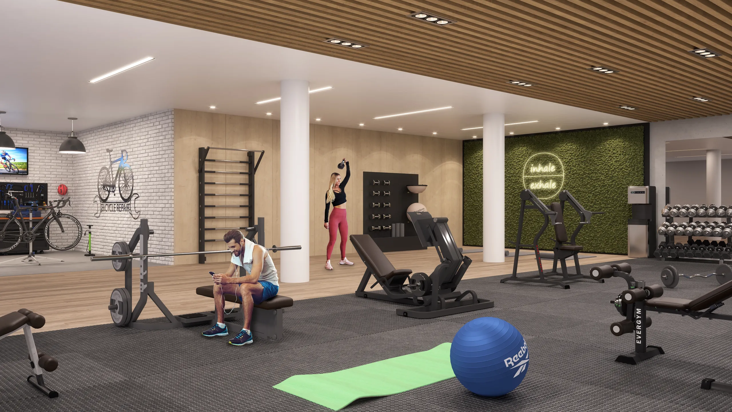 3D interior rendering of a fitted-out gym, the shared amenity a launch set has to cover