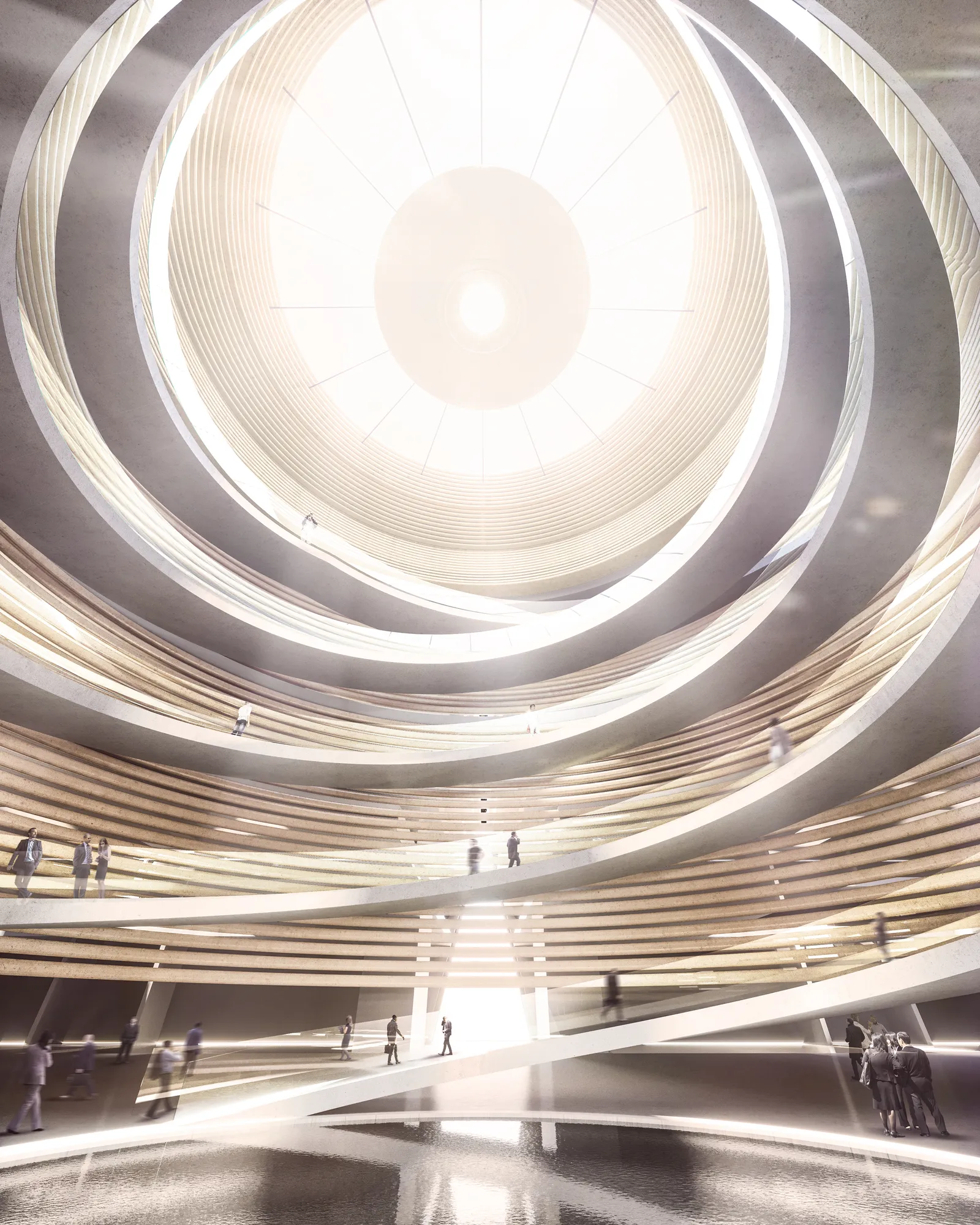 3D interior rendering looking up into a spiral atrium ceiling, USA