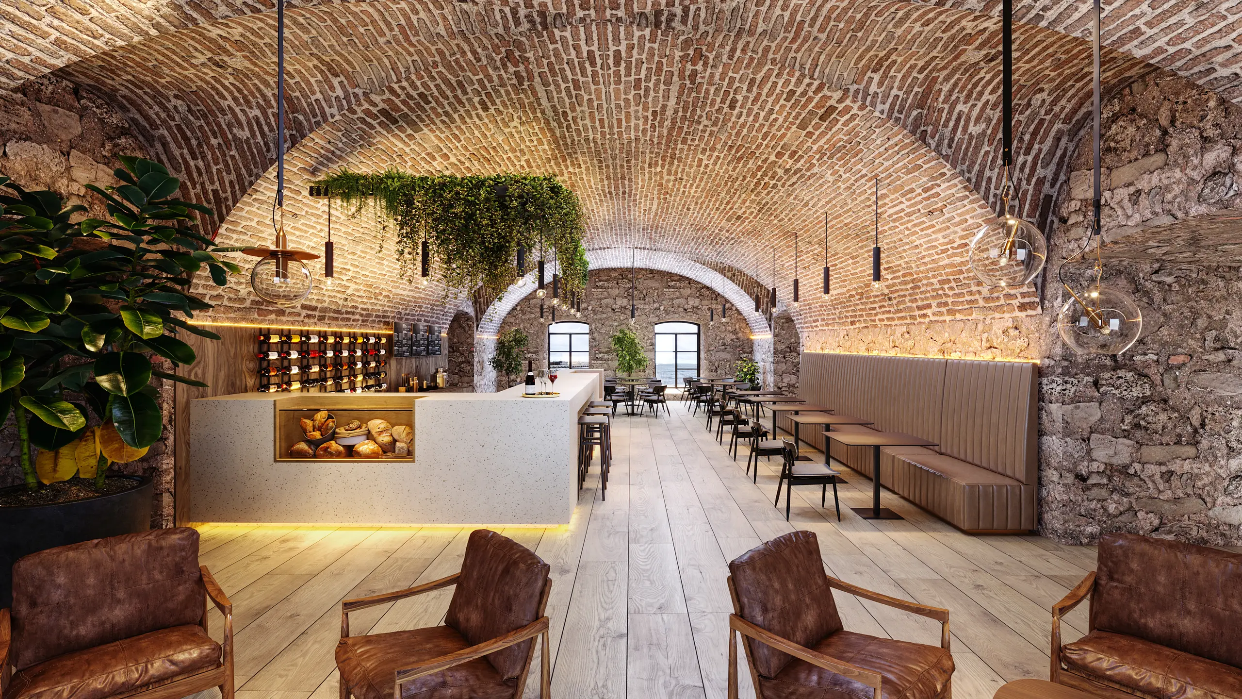 3D interior rendering of a vaulted brick cellar restaurant, Estonia