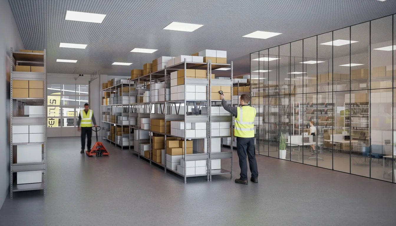 Industrial interior render, logistics hall, Finland