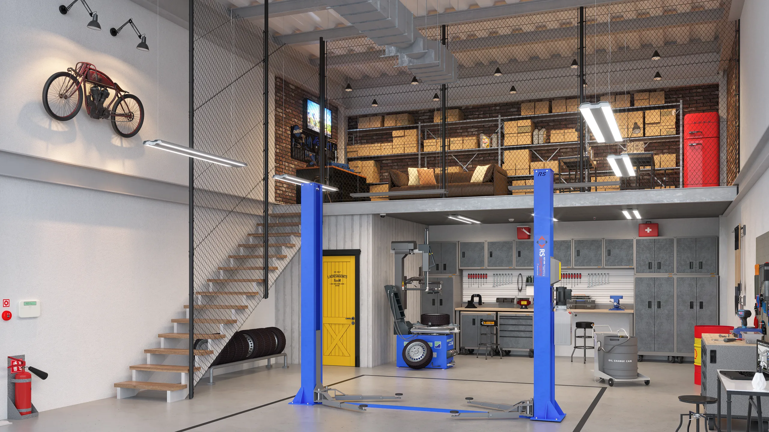 3D interior rendering of a vehicle workshop with a car lift, Finland
