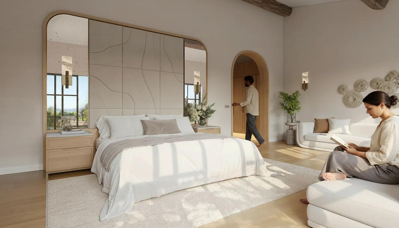 Residential interior render, bedroom, France