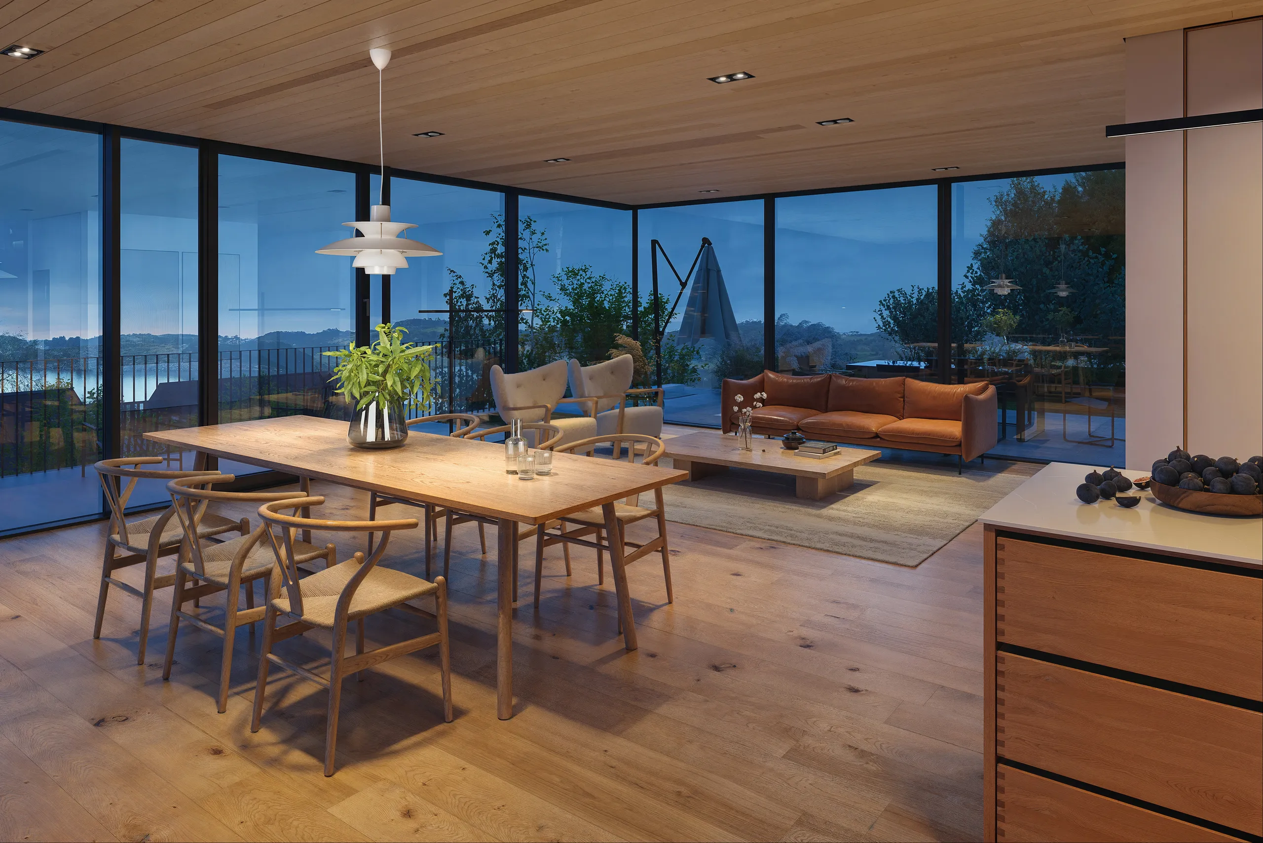 Show apartment dining and living area with a sea view, Norway