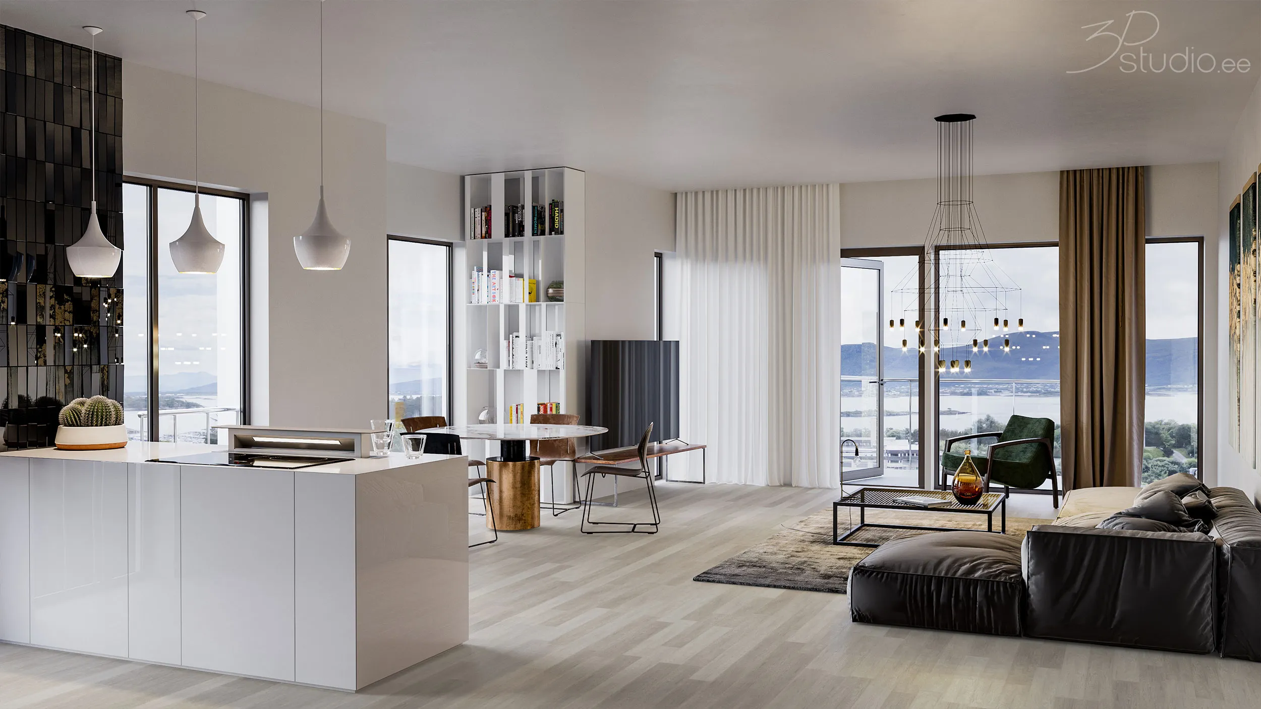 3D interior rendering of a kitchen and dining area in a new apartment, Norway