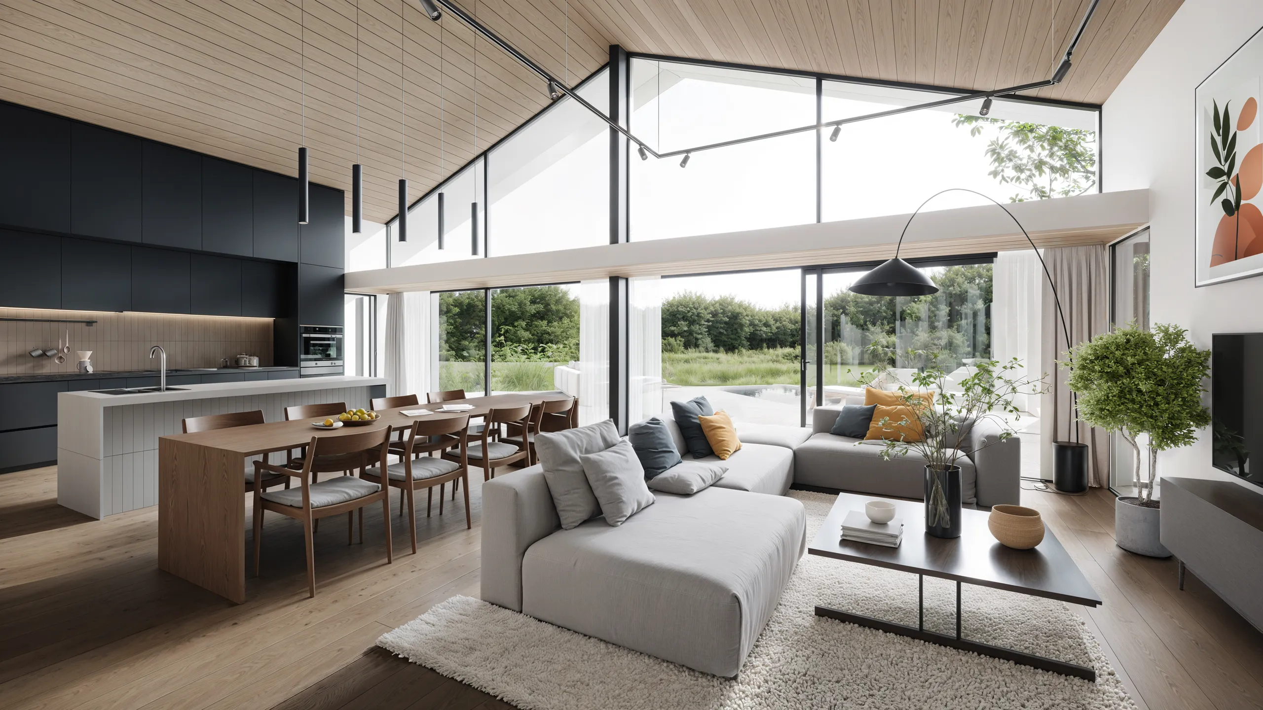 Photoreal open-plan living room render with sea view, Saint-Tropez, France