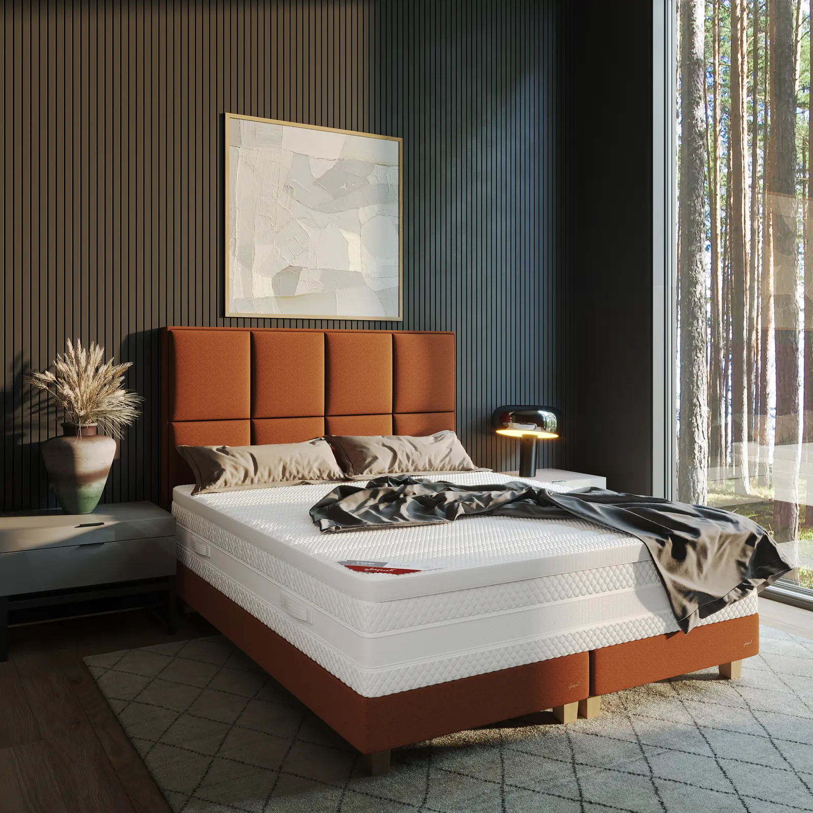 3D product rendering of a bed with a terracotta panelled headboard in a bedroom with a dark slatted wall